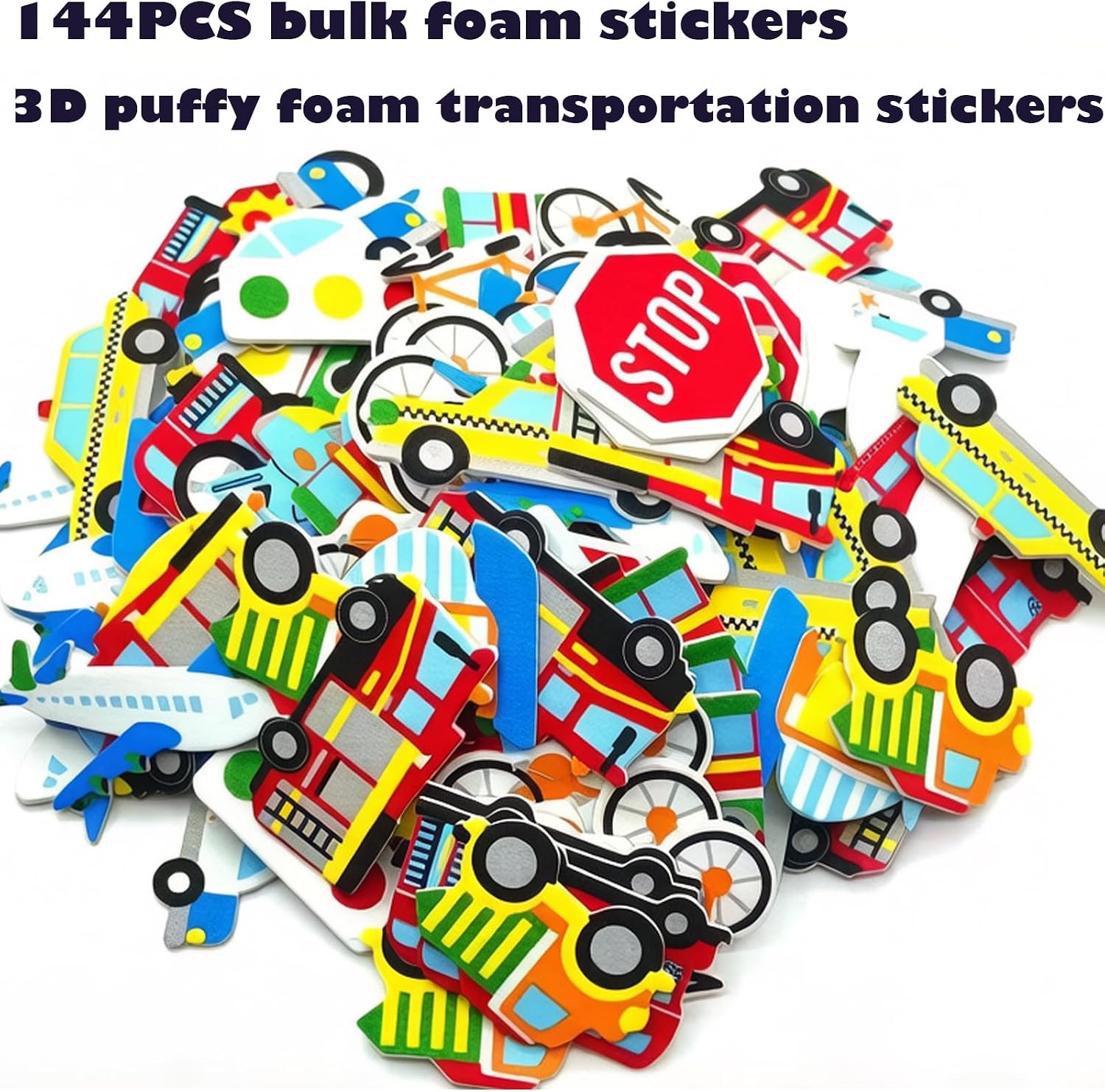 144Pcs Transportation Foam Stickers ，Bulk Self-Adhesive Vehicle Shapes, Puffy Car Boat Plane Toy Decals for Water Bottles, Scrapbooking, Birthday Party Favors