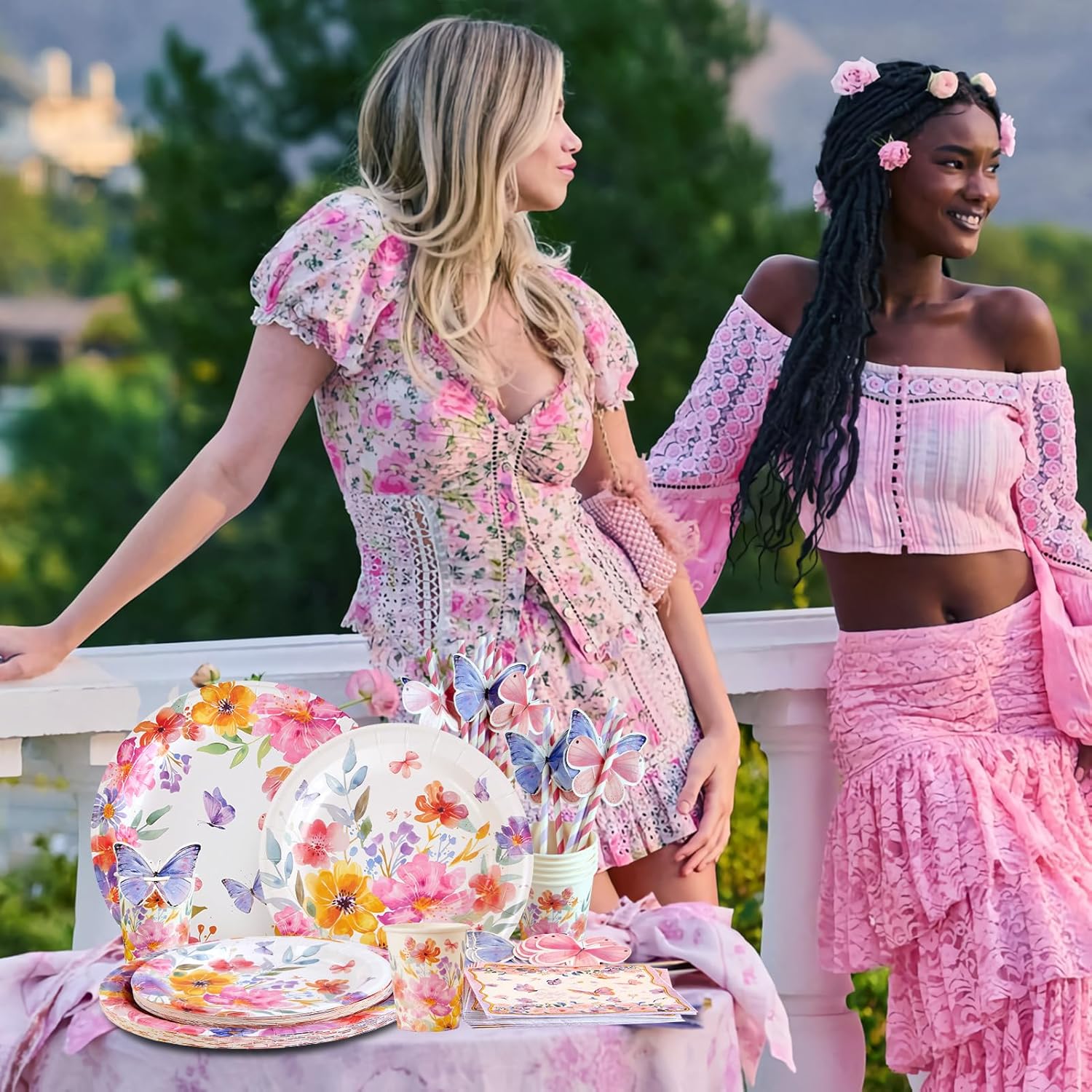 SUNBEAUTY 80 Pcs Butterfly Floral Paper Plates Spring Floral Party Decoration Birthday Supplies Serves 16 Guests Disposable Plates Napkins and Cups for Wedding Baby Bridal Shower Birthday Party