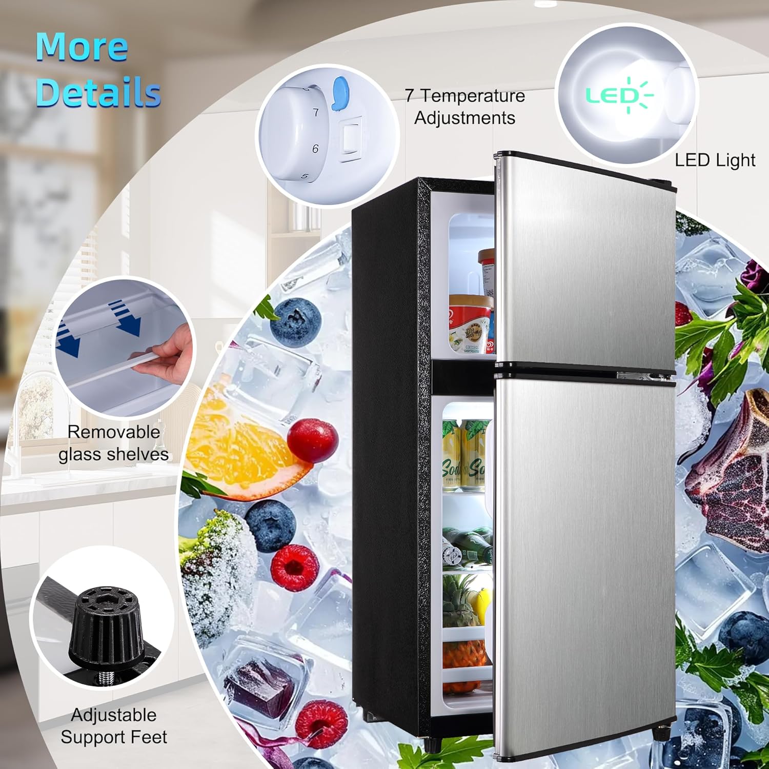 Mini Fridge with Freezer, 4.0 Cu. Ft. Double-Door Mini Refrigerator with 7-Level Adjustable Thermostat & Adjustable Glass Shelves, Compact Dorm Fridge 37 dB Low Noise for Bedroom, Apartment, Silver