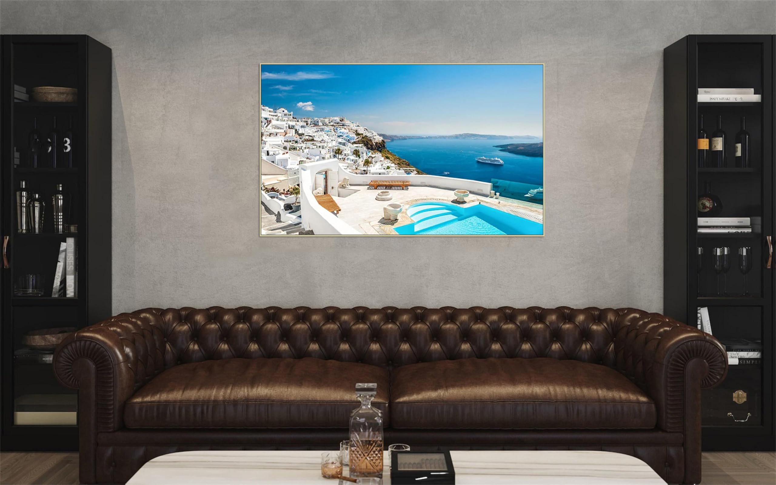 MUHJDYC Silber Rahmen-Meer Leinwandbilder Kunstdruck-Weiße Gebäude Ozean-Natur Bild auf Leinwand-Landschaftsbilder Wandbilder Wohnzimmer Deko 60x95cm