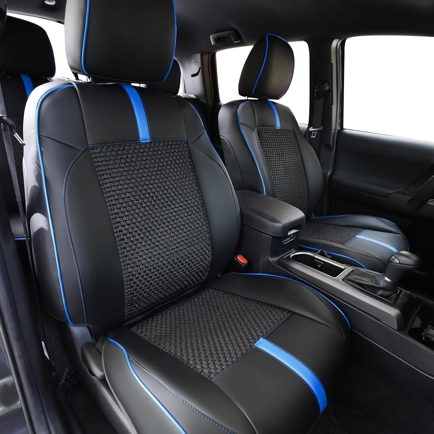 Front Seat Covers Custom Fit for Toyota Tacoma 2016-2023 Double & Crew Cab SR,SR5,Limited,TRD Sport,TRD Pro,TRD Off-Road,Full Coverage Leather Seat Covers,Interior Accessories,Blue Black