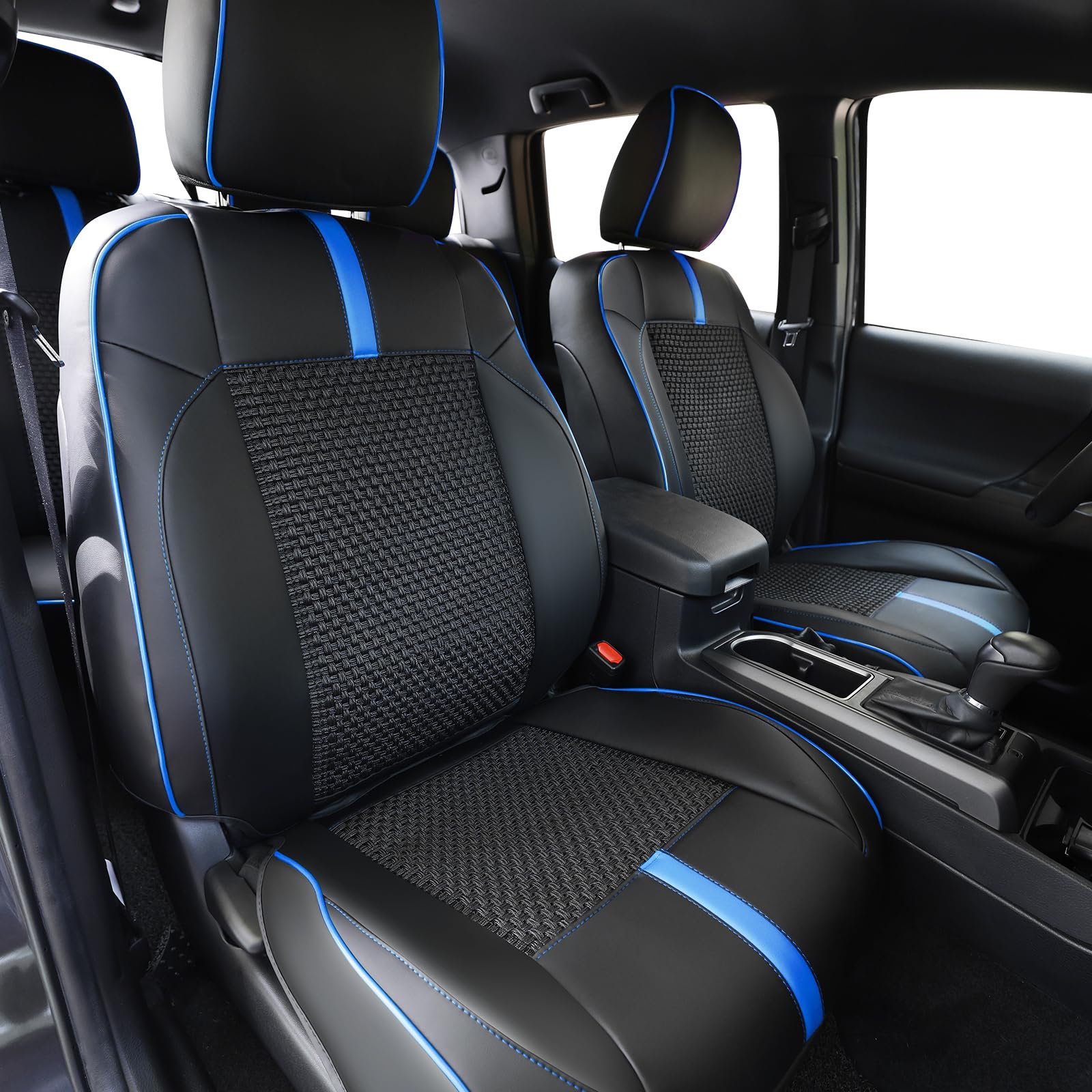 Fundas de asientos delanteros CarLuxor personalizadas para Toyota Tacoma 2016-2023, cabina doble, SR, SR5 Limited, TRD Sport, TRD Pro, TRD todoterreno. Fundas de cuero de cobertura total. Accesorios interiores: azul y negro.