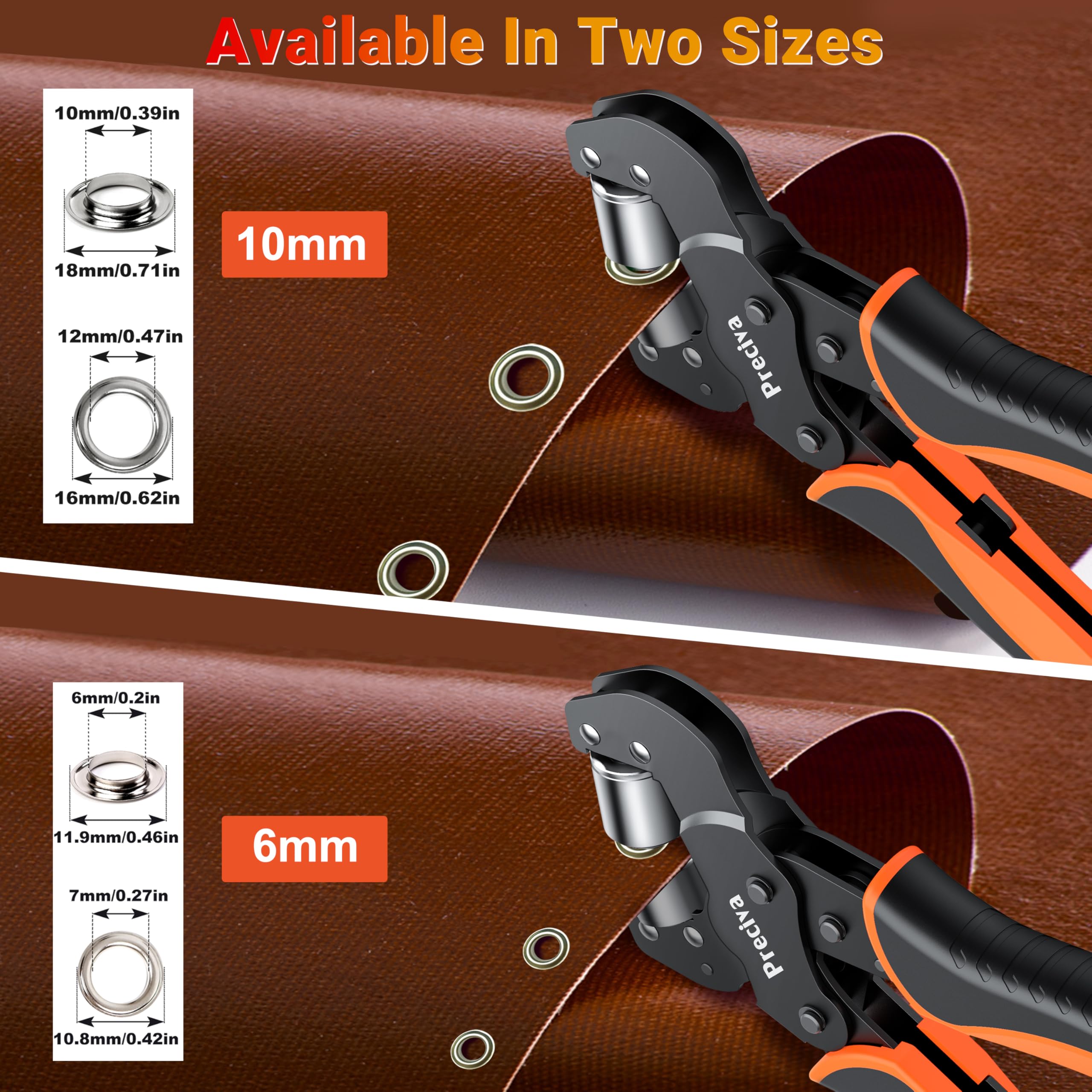 Preciva Ösenzange Austauschbar Zangekopf Ösenpresse mit Aufbewahrungsbox und 400 Ösen (200pcs Ø6mm und 200pcs Ø10mm) für PVC-Banner, Planen, Karton