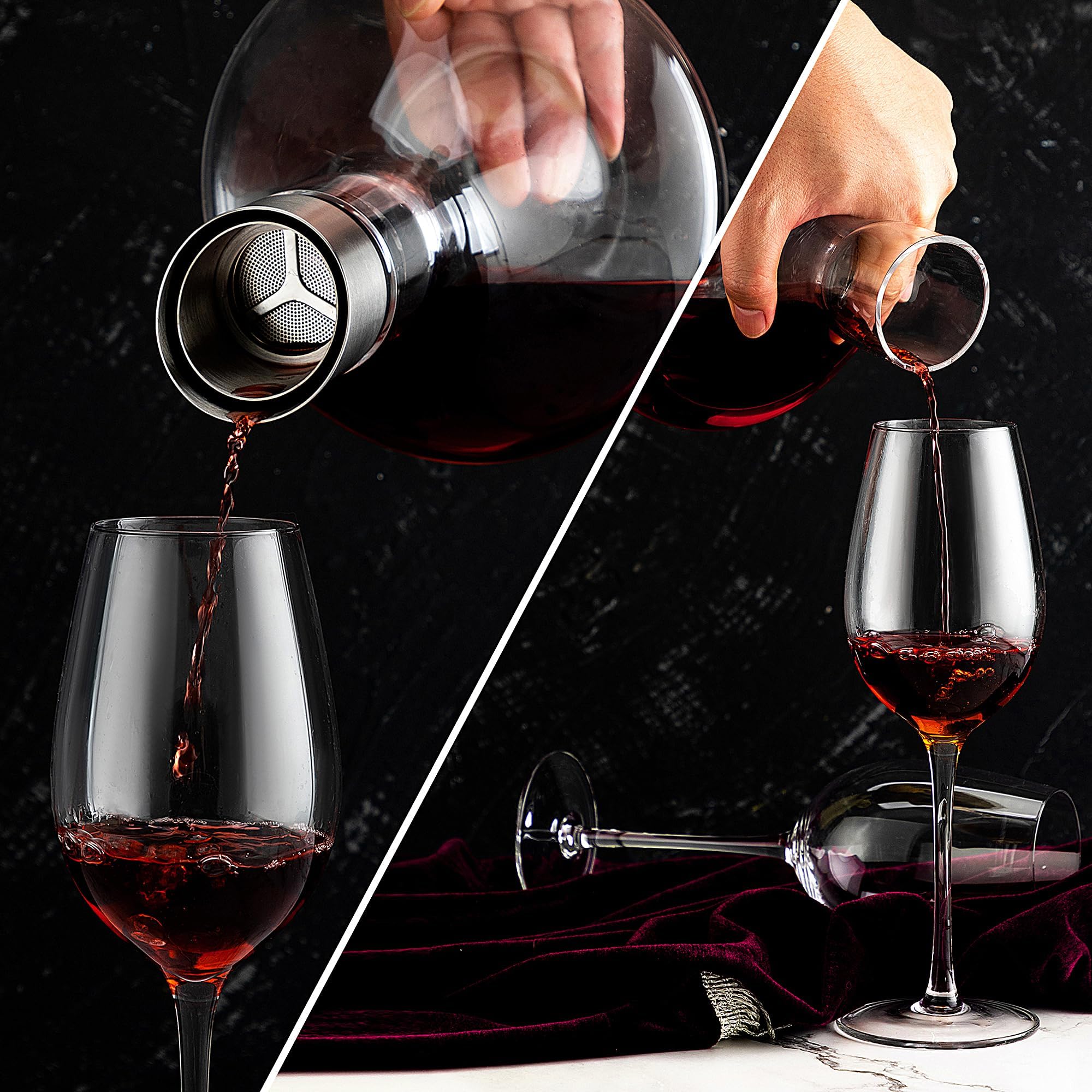 Carafe à vin rouge avec aérateur intégré, 100 % verre en cristal soufflé à la bouche sans plomb avec couvercle en acier inoxydable, filtre, cadeau de vin pour homme