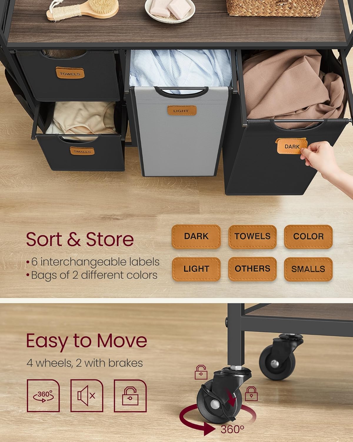 VASAGLE Laundry Hamper with 4 Compartments, 39.6 Gal. (150 L) Laundry Sorter, Rolling Laundry Cart with Shelves, Small Side Pockets, 6 Labels, Chestnut Brown, Ink Black and Dove Gray UBLH203B01