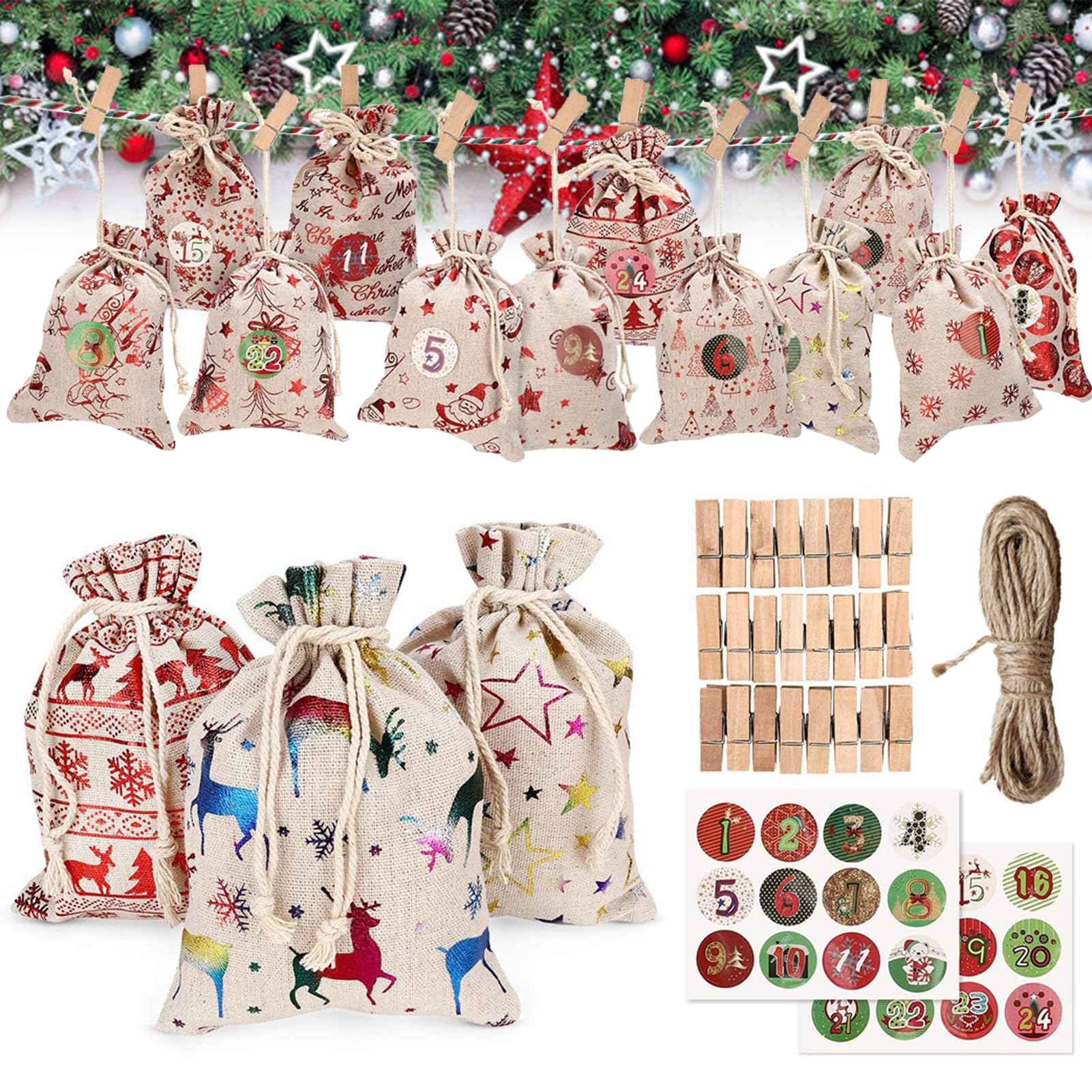 24er Adventskalender-Set, DIY-Glitzer-Weihnachtsdeko mit Süßigkeiten-Geschenktasche, Aufhängekalender und Geschenkbeutel für Xmas, 24 nummerierte Fächer für täglichen Countdown bis Heiligabend