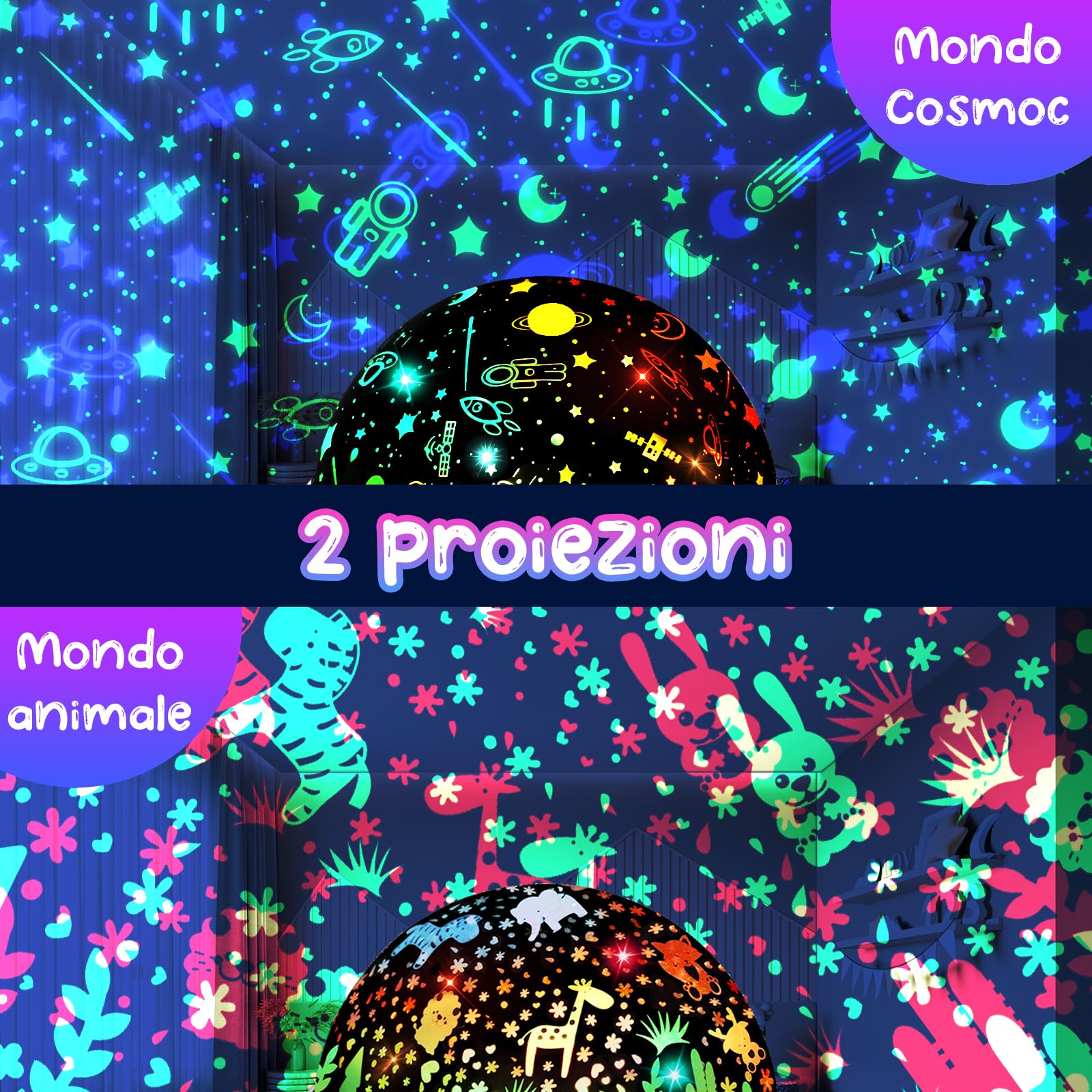 Moredig Proiettore Stelle Soffitto Bambini, Luce Notturna Bambini - 360° Lampada Proiettore +12 Musica+8 Color+Timer Auto, Decorazioni Stelle Luminose Cameretta, Regali per Neonato, Bambini