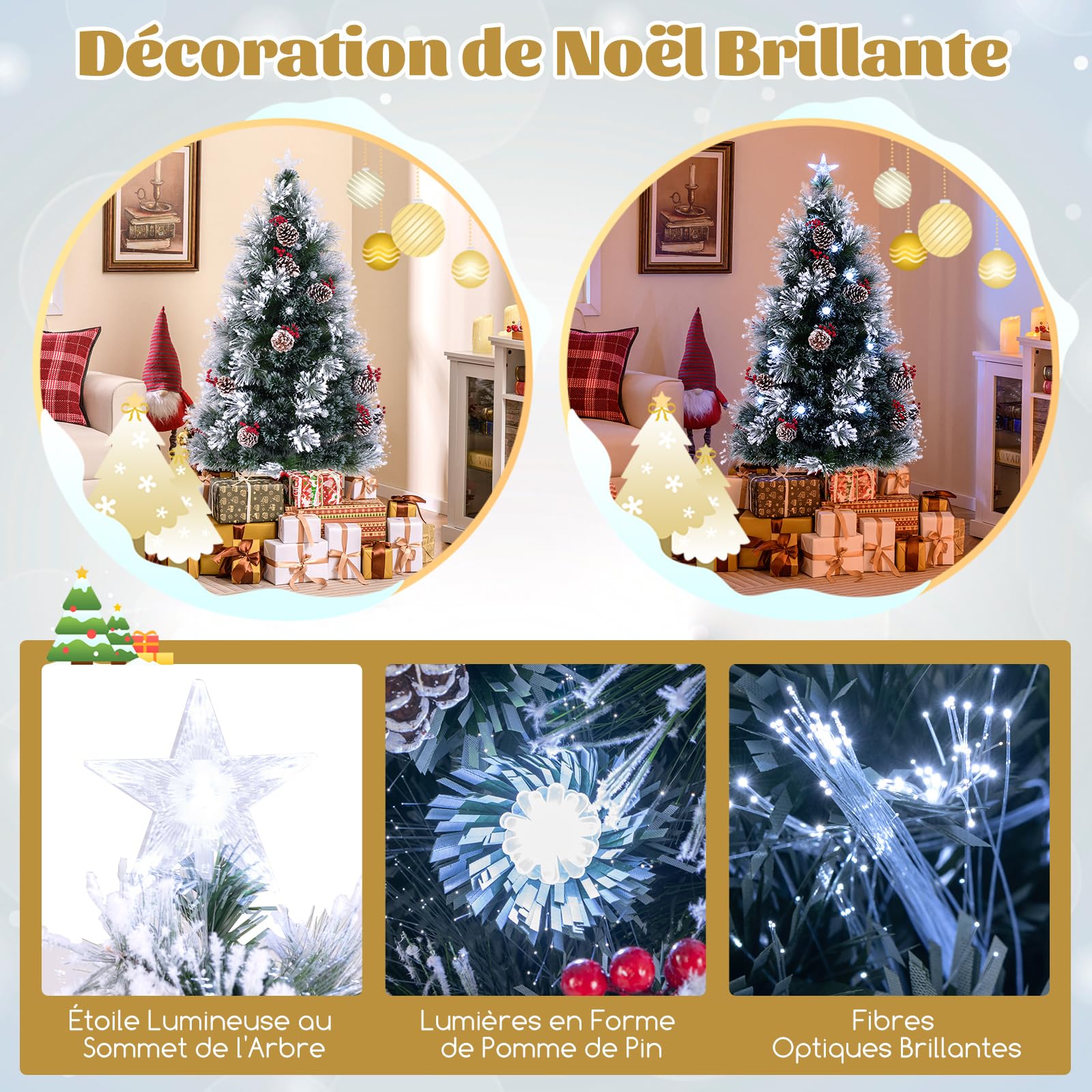 COSTWAY Sapin de Noël Floqué 150 cm, Sapin de Noël Artificiel Lumineux LED, 170 Pointes de Branches, 18 Grappes de Baies Rouges, 18 Pommes de Pin Naturelles, 49 Lumières LED, 8 Modes d'Eclairage