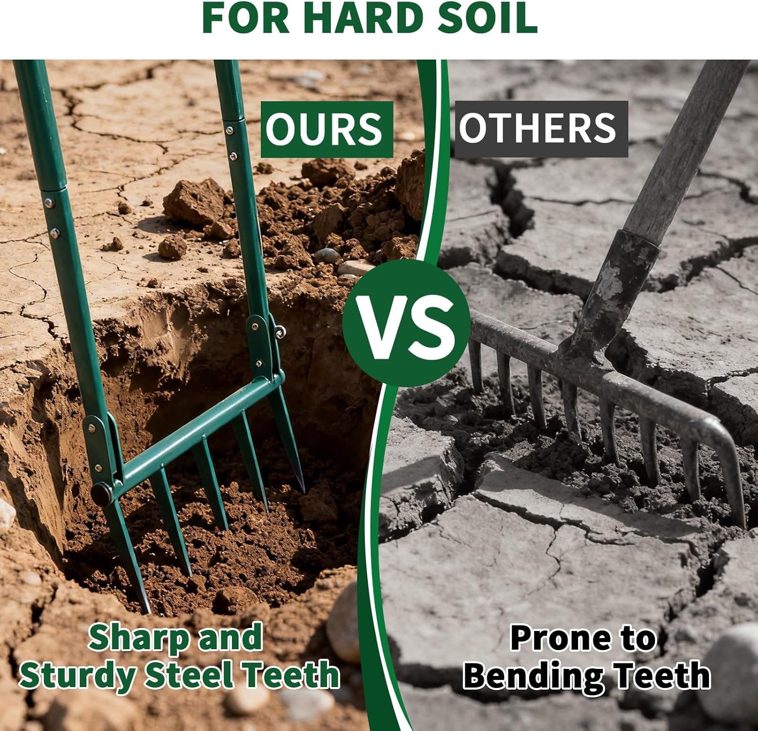 VVOKGO Broadfork Garden Tool with 11.8" Long Tines, 5-Tine Broad Fork for Gardening Heavy Duty, Unbreakable Garden Fork & Hand Tiller for Farm Digging, Crushing, Aerating Soil