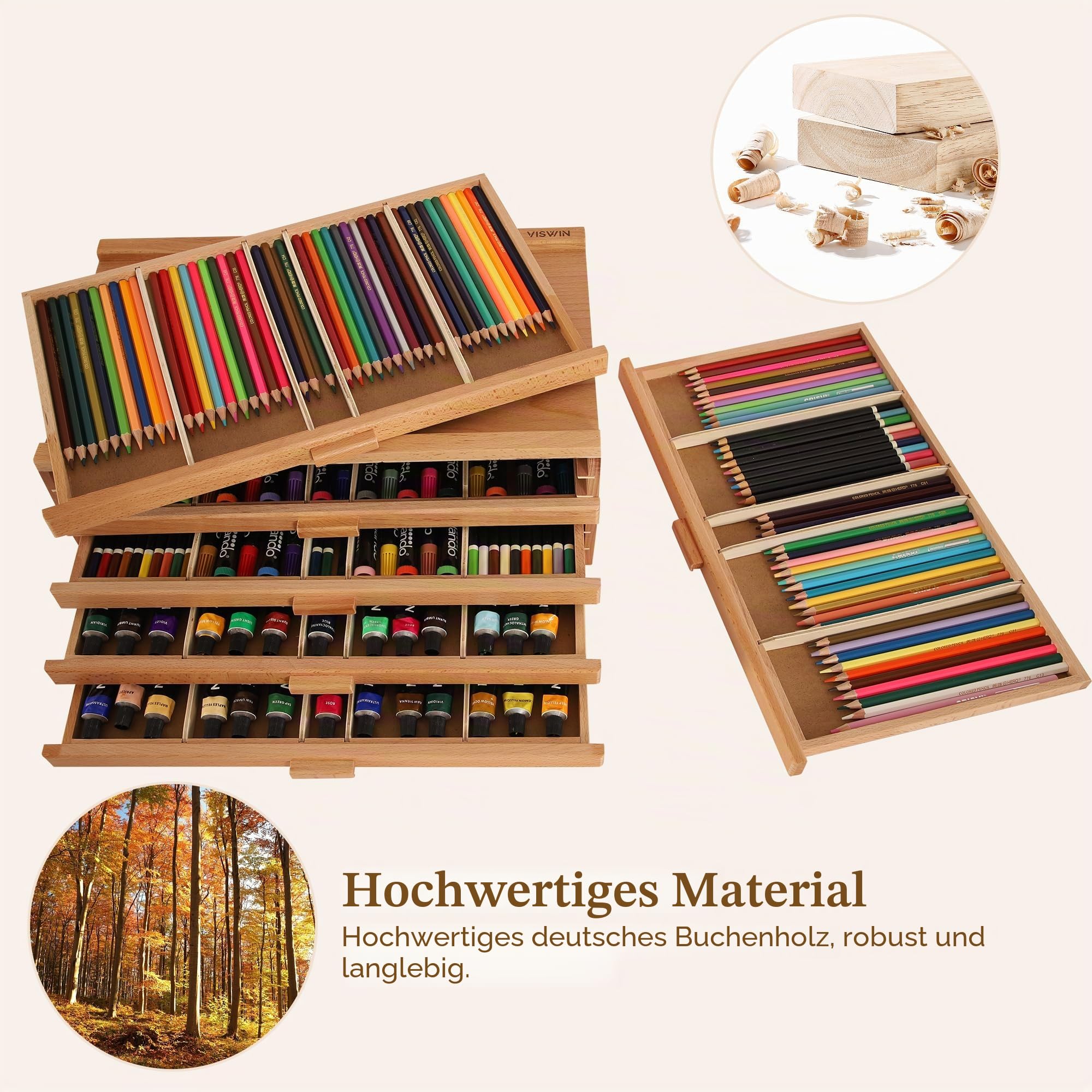 VISWIN 6-Schublade Holz Künstler Aufbewahrungsbox mit abnehmbaren Trennwänden, Buche, tragbarer Organizer für Farben, Stifte, Pinsel