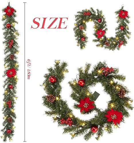 Miniatura 2 de Adeeing Guirnalda de Navidad de 6 pies con luces, guirnalda de Navidad preiluminada con 20 ligts LED, piñas, bayas rojas, flor de pascua, guirnalda