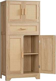 TEENFON 47.2" H Tall Storage Cabinet with Adjustable Shelf, Rattan Cabinet with Large Drawer, Cupboard for Living Room, Dining Room, Entryway, Home Office, Natural