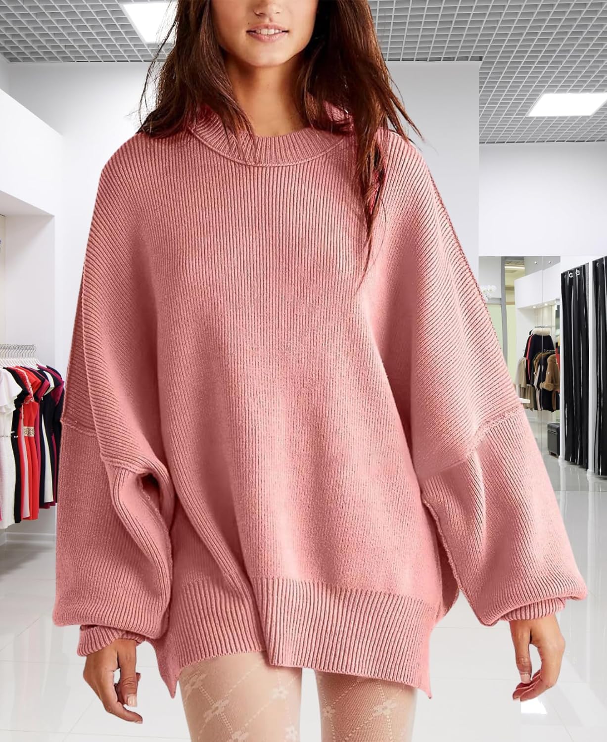 Women's Batwing Sweater Oversized Knit Pullover with Side Slits Fall Casual Crewnec... - Image 6