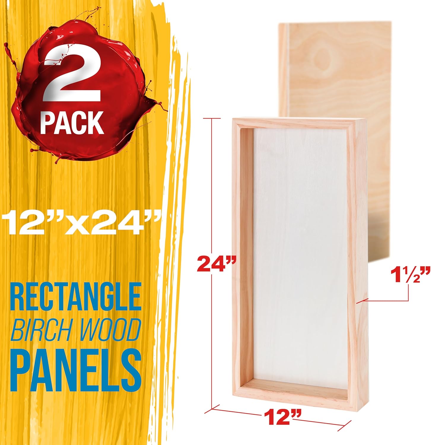 U.S. Art Supply 12" x 24" Unfinished Cradled Wood Panels for Painting, Gallery 1-1/2" Deep (2 Pack) - Artist Depth Wooden Wall Canvases - Mixed-Media Craft, Acrylic, Oil, Encaustic, Paint Pouring