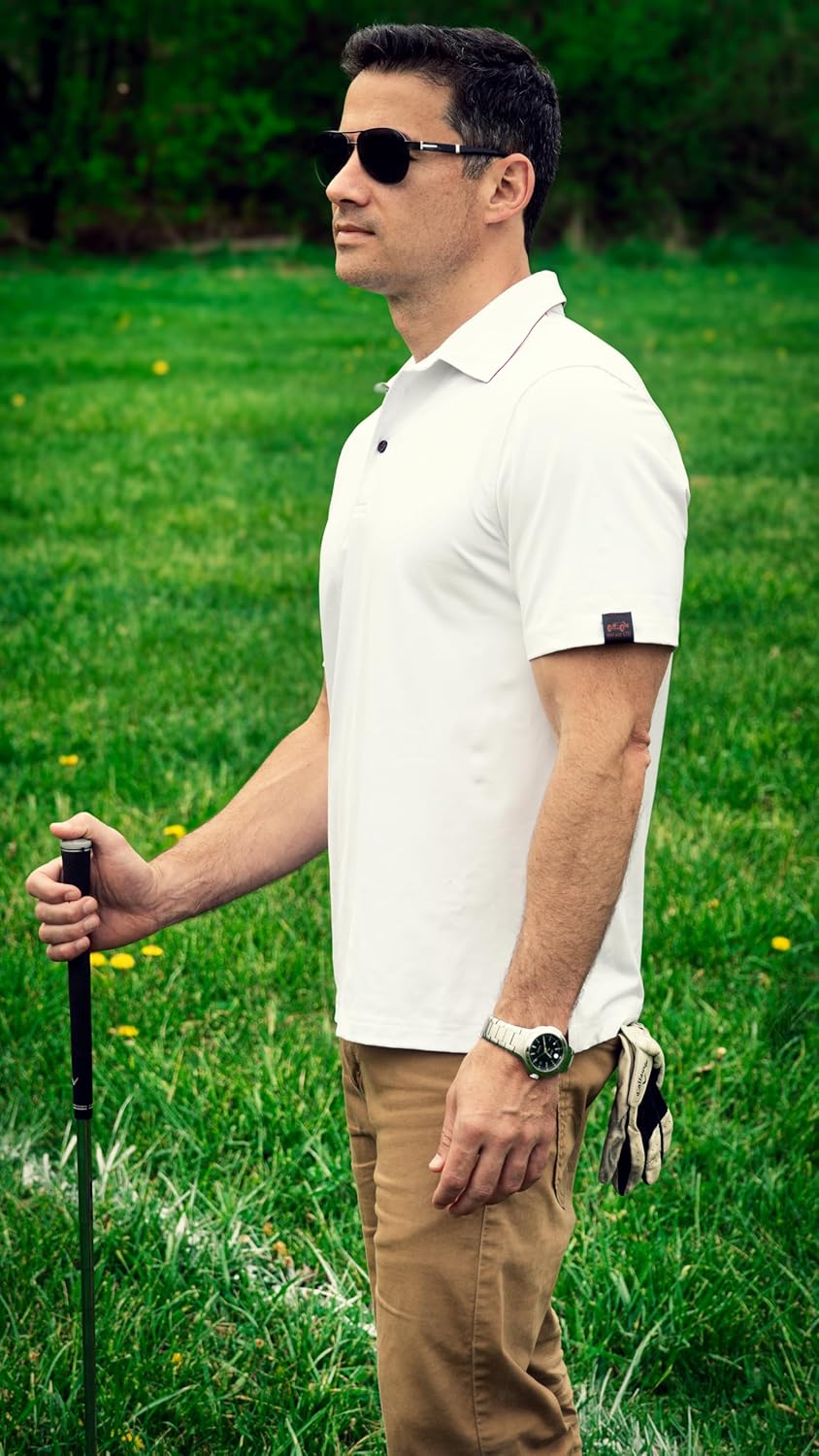 Men's Short Sleeve Stretch Summer Cooling Dry Fit Wicking Performance Golf Polo Shirt - UPF 50+ (Real Carbon Fiber Buttons)