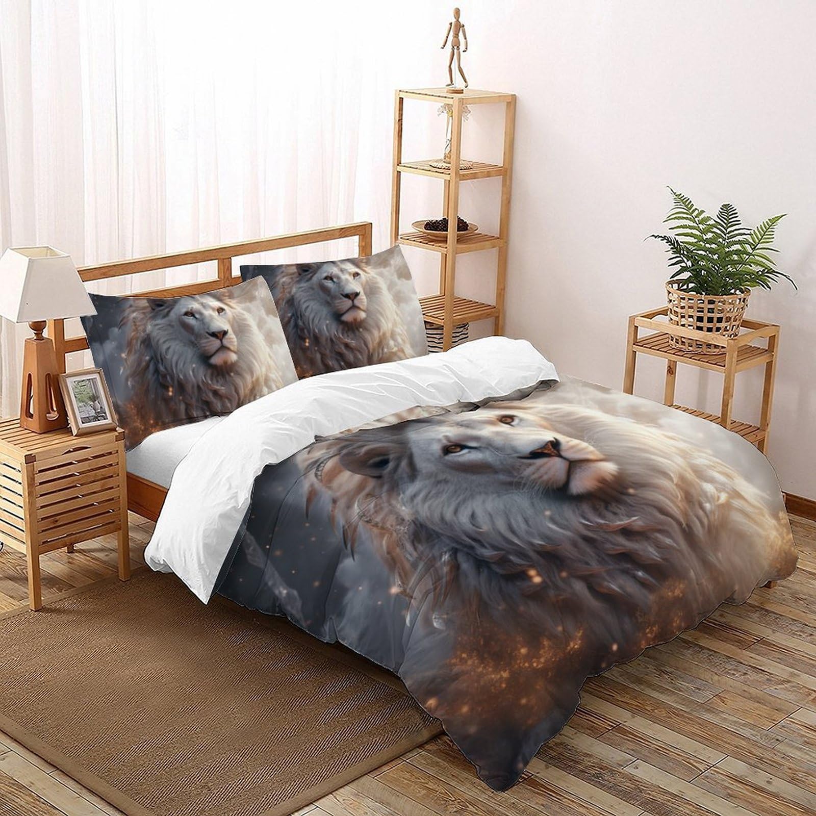 Housse de couette 3D White Lion 220x240 cm avec 2 taies d'oreiller king pour lit enfant