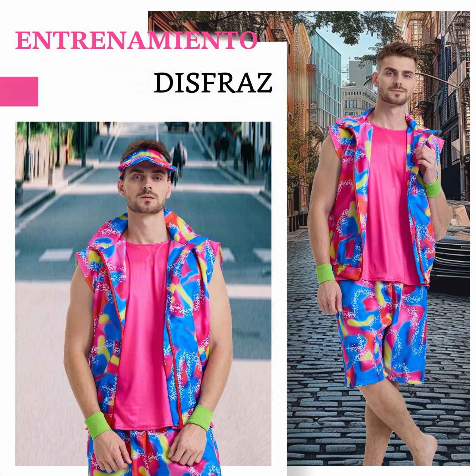 Traje de Los 80 para Fiesta Temática Masculina: Disfraz de Carnaval para Ken - Traje de Neón, Ropa Deportiva para Adultos