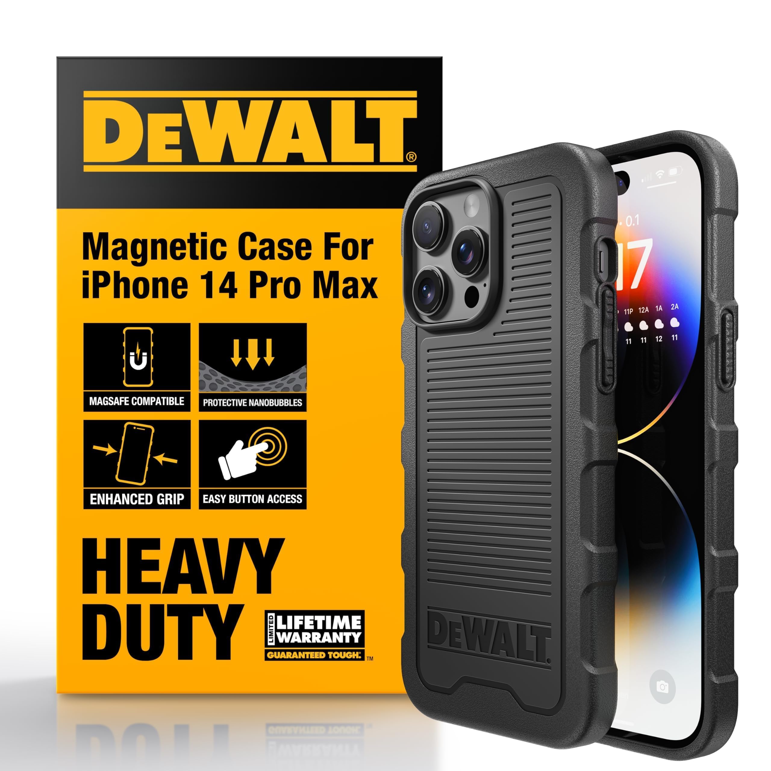 DEWALT Custodia Heavy Duty con Magnete Potente per iPhone 14 Pro Max Compatibile MagSafe, Cover Posteriore Protettiva Antiurto, Resistente alle Cadute, Slim Fit Shockproof, Nero Opaco