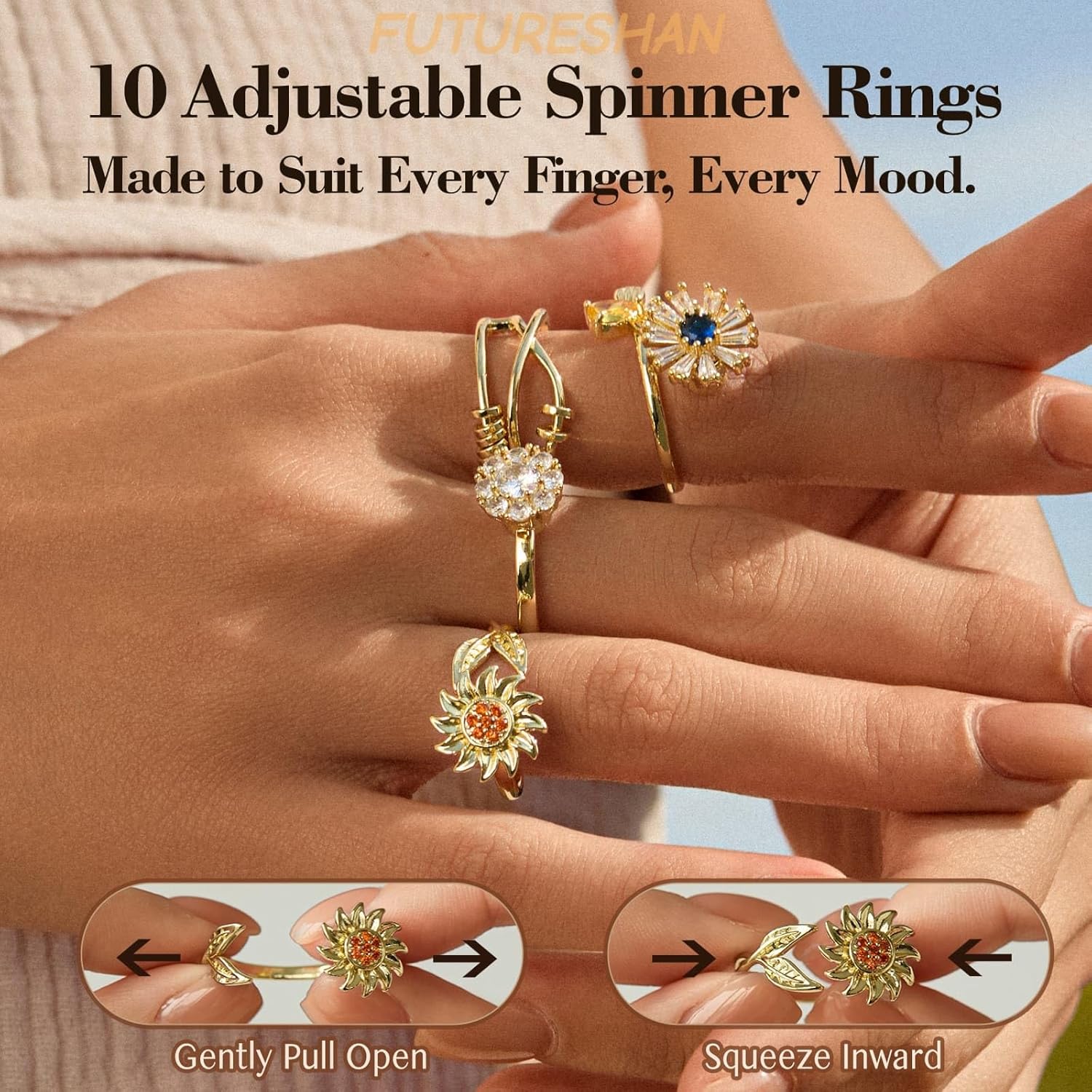 10Pcs Fidget Anxiety Rings for Women Adjustable Spinner Ring Gifts for People With Anxiety Moon Sun Butterfly Galaxy Daisy Flower CZ Stress Relief Calm Rings Jewelry 14K Gold/Silver/Rose Gold Plated - Image 4