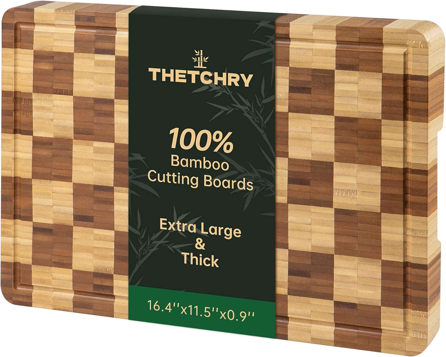 Bamboo Cutting Boards for Kitchen, End Grain Wood Cutting Board with Juice Grooves & Handles, Charcuterie Checkered Chopping Board Thick Butcher Block Serving Tray with Gift Box, 16.4"×11.5"× 1"