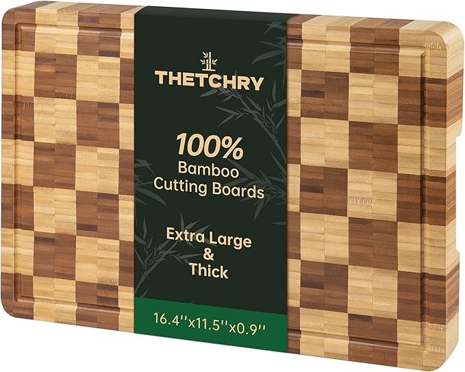 Bamboo Cutting Boards for Kitchen, End Grain Wood Cutting Board with Juice Grooves & Handles, Charcuterie Checkered Chopping Board Thick Butcher Block Serving Tray with Gift Box, 16.4"×11.5"× 1"