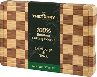 Bamboo Cutting Boards for Kitchen, End Grain Wood Cutting Board with Juice Grooves & Handles, Charcuterie Checkered Chopping Board Thick Butcher Block Serving Tray with Gift Box, 16.4"×11.5"× 1"