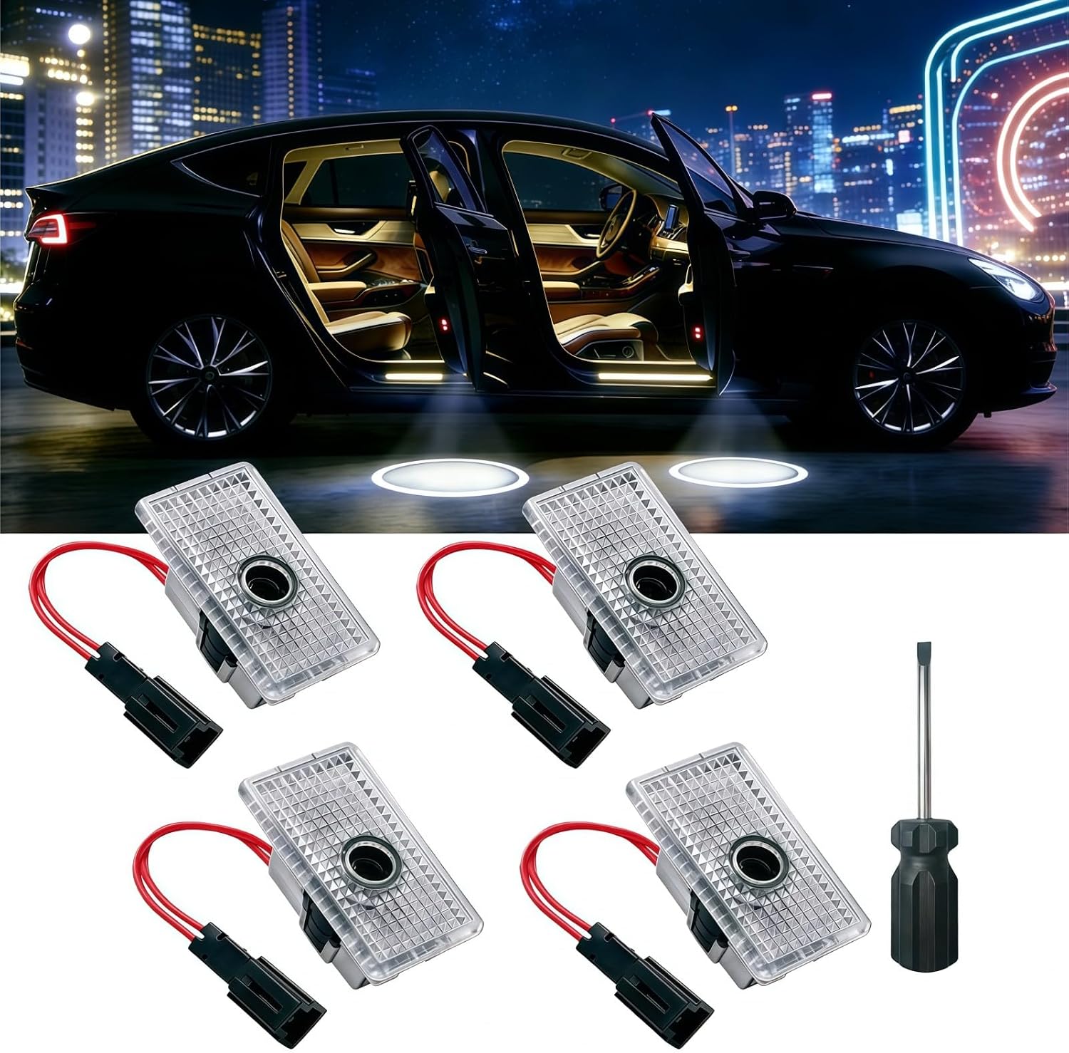 4 Pcs Never Fade LED Door Light Logo Projection Compatible with Model Y 3 X S Car Accessories, 3D Ghost Shadow Puddle Lights,Ultra-Bright LED HD Car Welcome Lights (Shield+T-Logo+Letter)