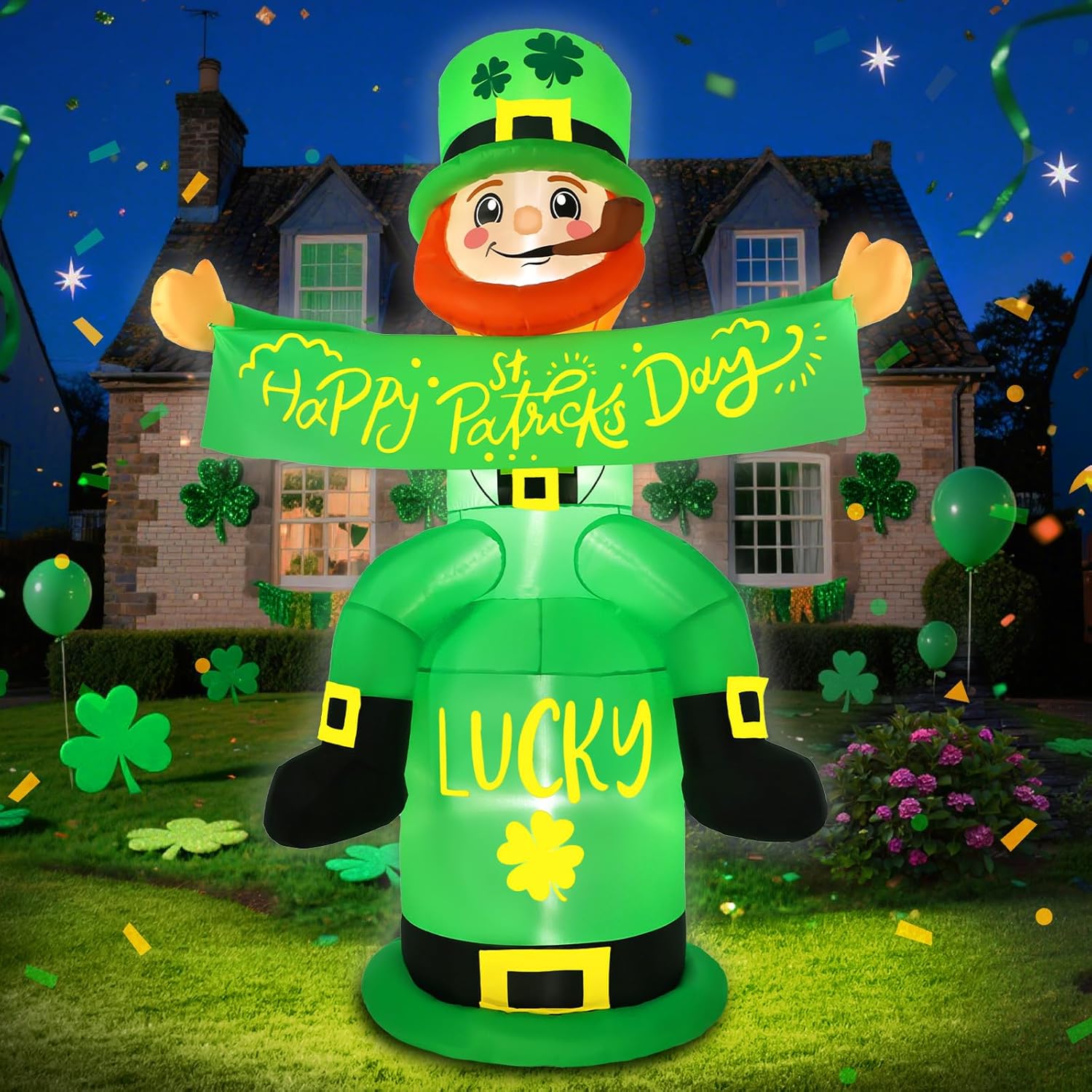 6FT St Patrick Day Inflatable Decorations Outdoor Irish Blow Up Leprechaun with Giant Clover Hat St. Patrick’s Inflatable for Yard Lawn Holiday Party Decor LED Lights