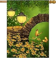 Vista 41 de Paisaje de fantasía con piedras, lámparas, flores, árboles, luna y mariposas, bandera de jardín de 12 x 18 pulgadas, pequeña vertical de doble cara