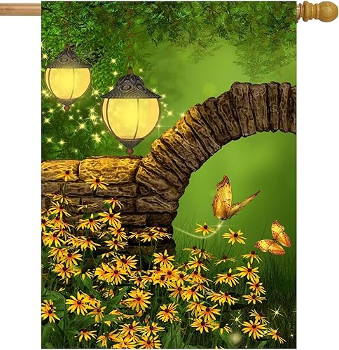 Miniatura 41 de Paisaje de fantasía con piedras, lámparas, flores, árboles, luna y mariposas, bandera de jardín de 12 x 18 pulgadas, pequeña vertical de doble cara
