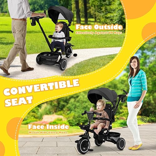 Miniatura 5 de Triciclo plegable para niños, triciclo de bebé 8 en 1 con toldo extraíble y ajustable, mango para padres, arnés de seguridad de 5 pioneros,