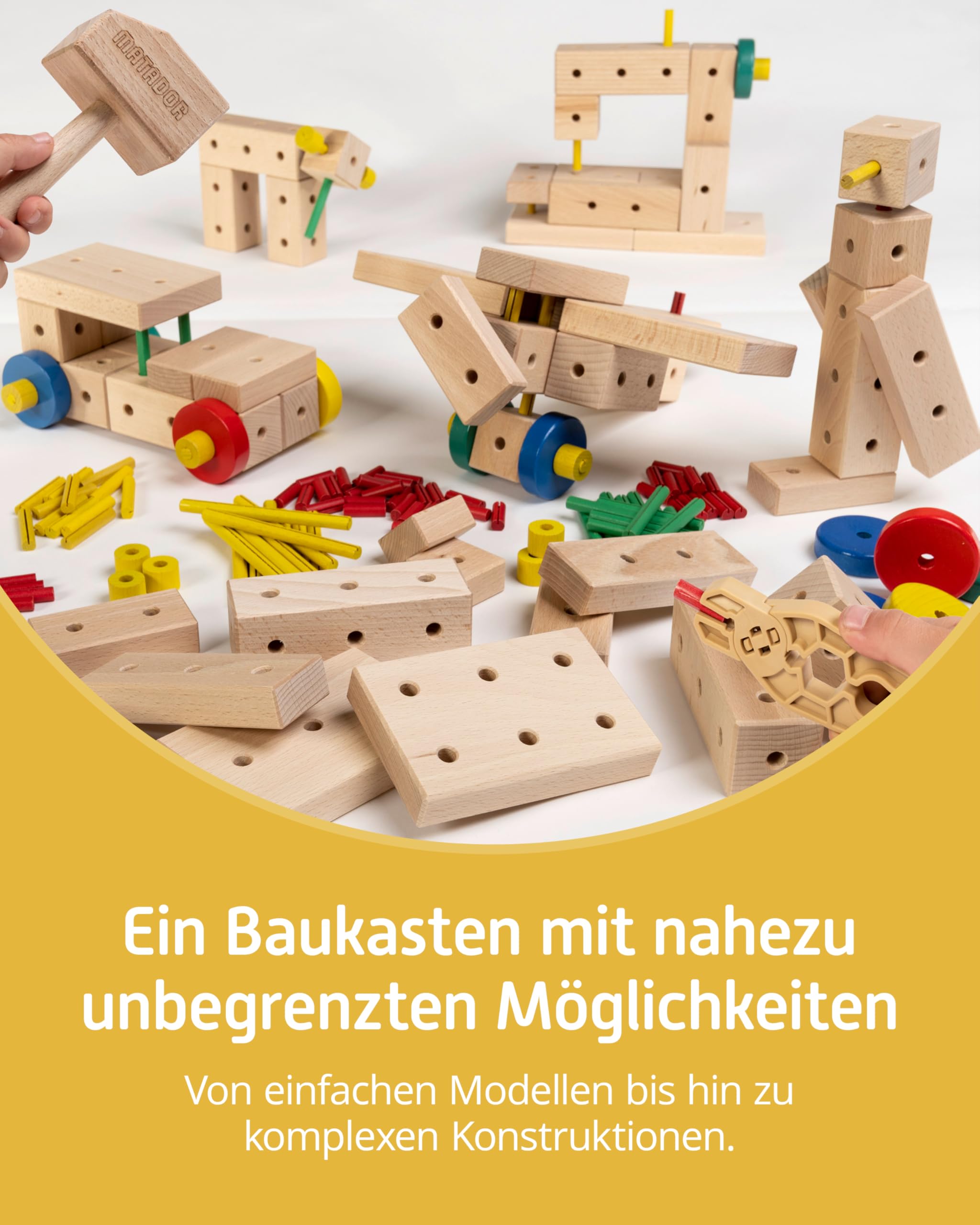 Matador XL Kinder Baukasten ab 3 Jahren 350-tlg. - Spannendes Holz Konstruktionsspielzeug zur Schulung von Kreativität und Feinmotorik, Bauspielzeug mit Stäbchen, Klötzen, Hammer & Zange