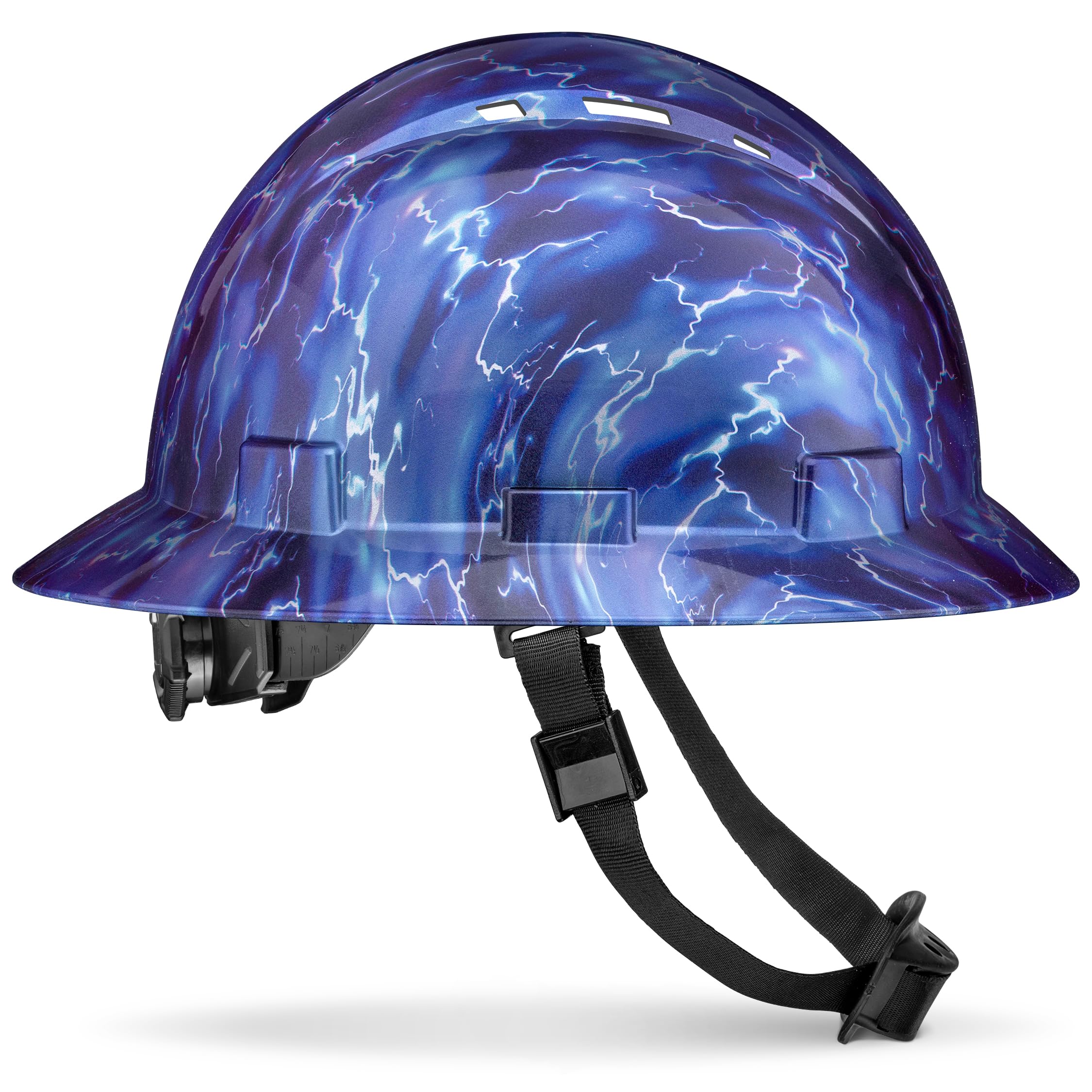 Casque de protection OSHA à large bord ventilé finition brillante bleu avec suspension à 6 points