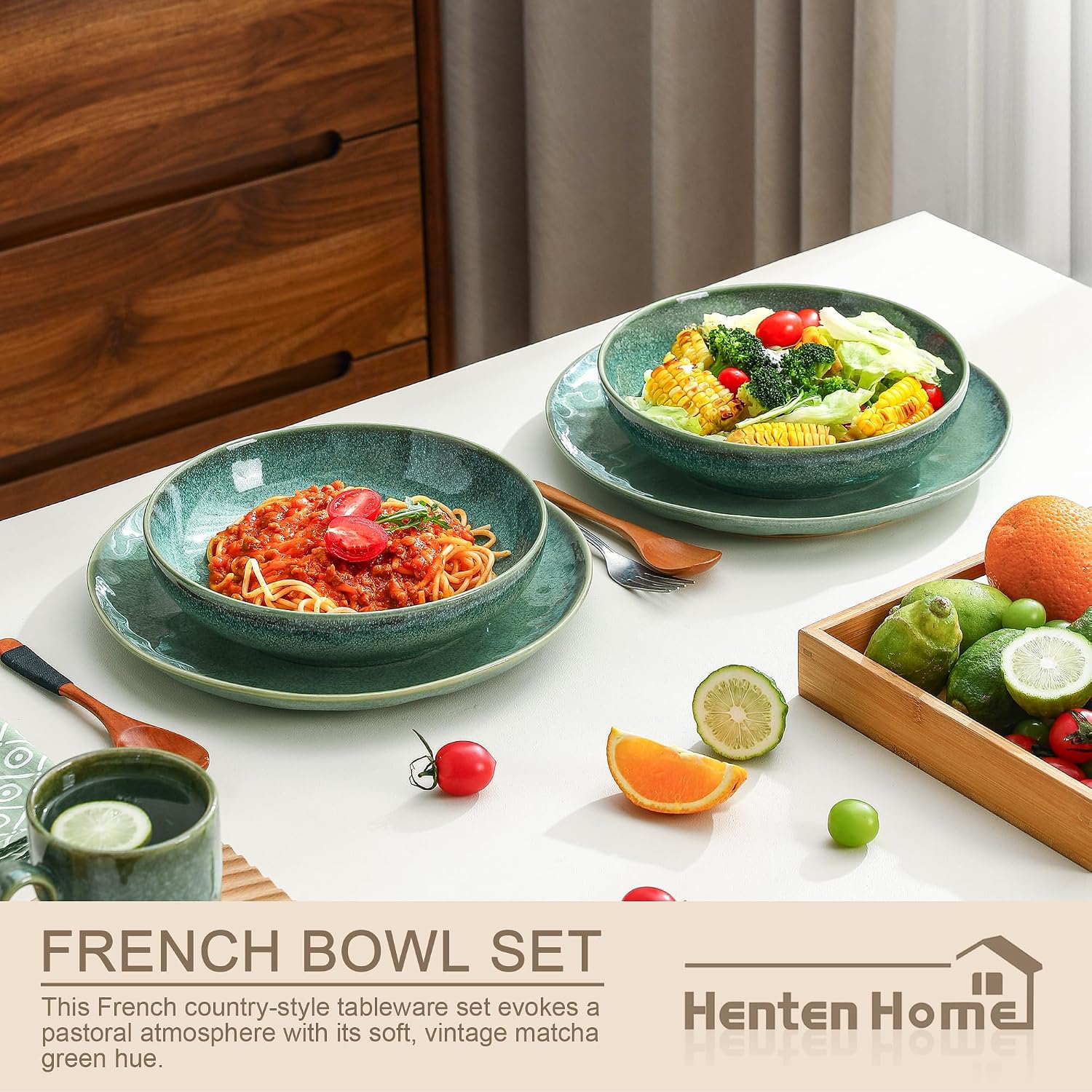 Henten Home Ceramic 40 oz Pasta Bowl Set, Large Serving Dishes Set of 4