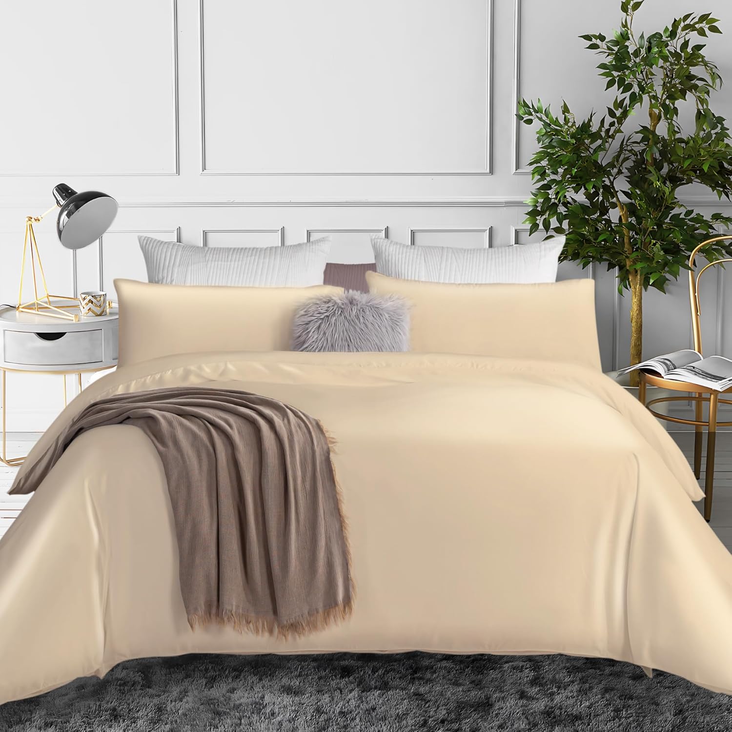 Sophia & William Queen Duvet Cover Set, 100% Tencel Lyocell Comforter Cover Set, Silky and Cooling Duvet Cover with 2 Pillowcases, Champagne