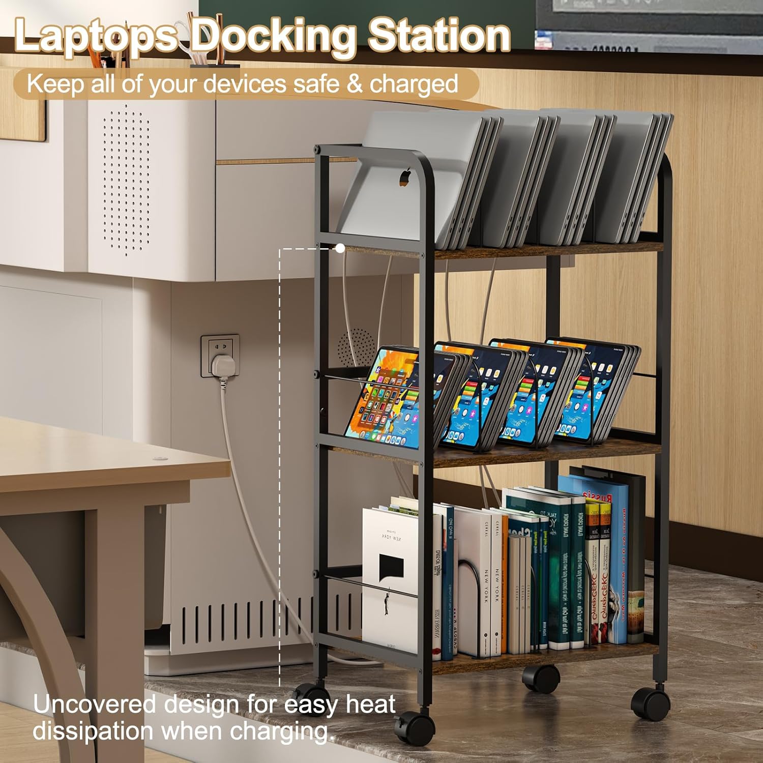 Rolling Book Cart with Removable Dividers, 3-Tier File Cart with Wheels, Utility Storage Rack for Office, Home, Classroom, Art Supply Organizer, Binder and Laptop Shelf Rack