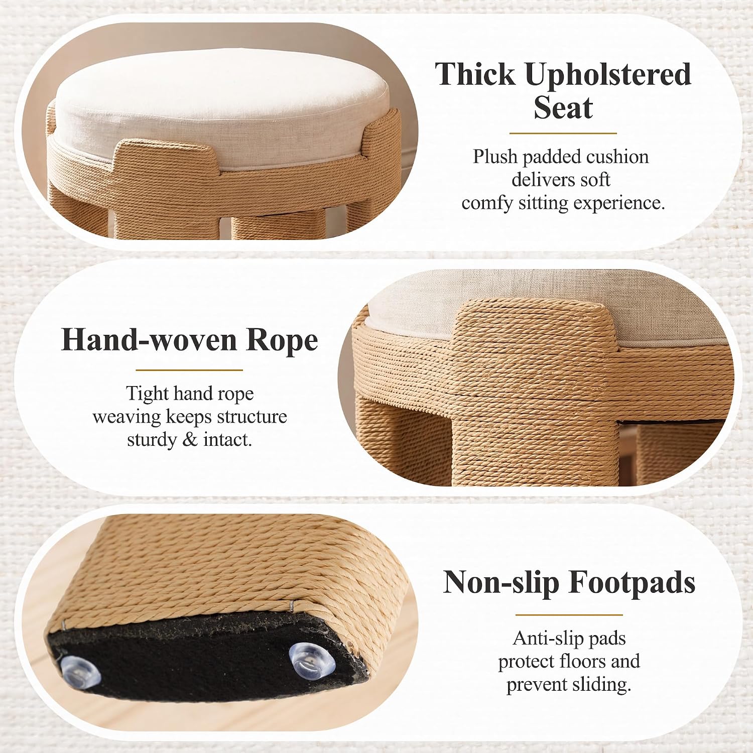 Round Vanity Stool, Boho Hand-Woven Rope Upholstered Accent Foot Stool Ottoman Fully Assembled for Bedroom Living Room Entryway, Beige Linen