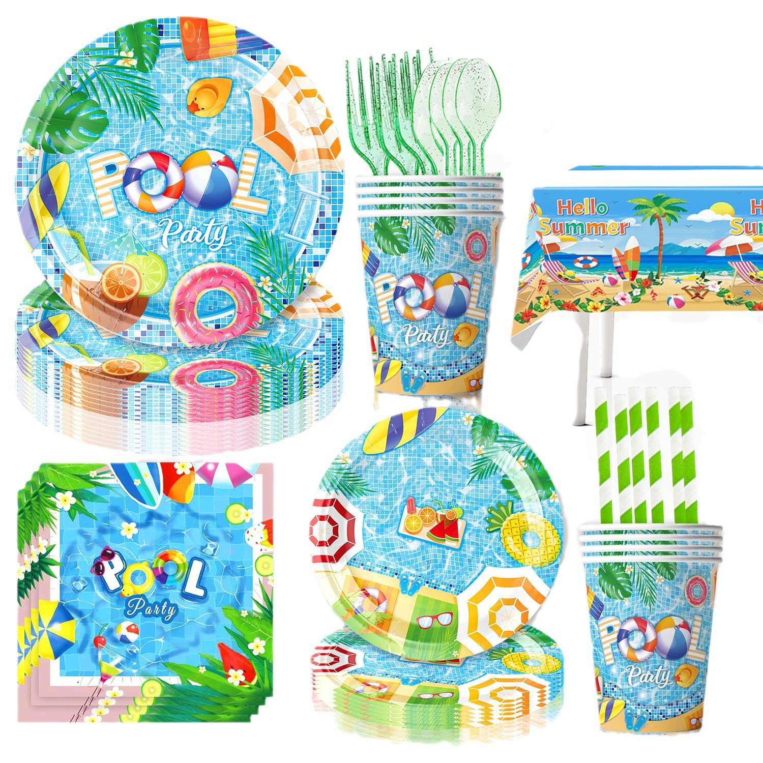 AM ANNA 142PCS Pool Party and Beach Party Supplies Tableware Set,Beach Birthday,Baby Shower,Summer Birthday Party,Surf Theme Party for 20 Guests Pool Birthday Party Favors