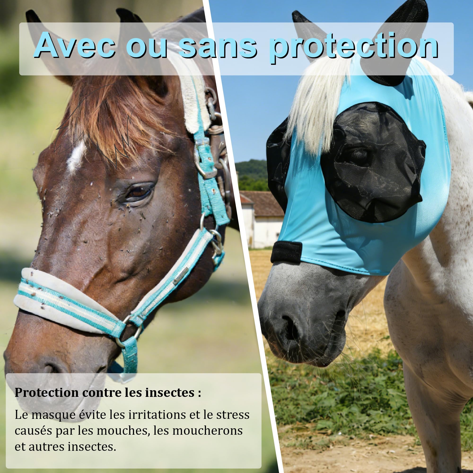 Masque Anti-Mouches pour Chevaux avec Oreilles, Protection UV, Respirant, Grands Yeux - Bleu Lac (Medium)