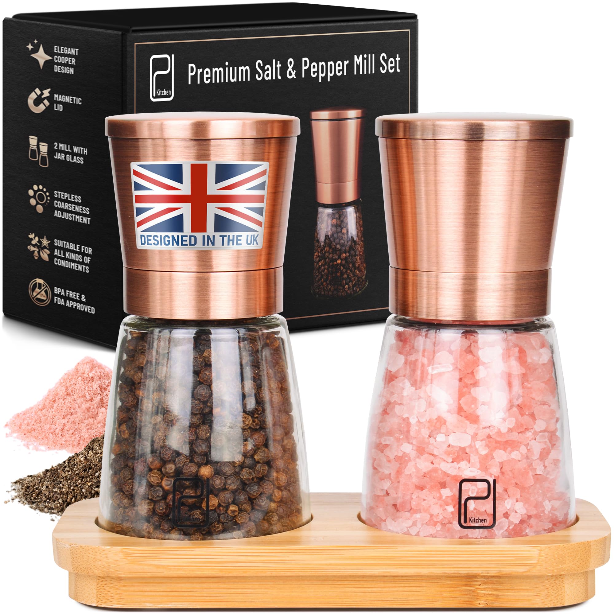Jcpkitchen Premium Copper Salt And Pepper Mill Set - Stainless Steel Grinder Set With Stand, Magnetic Lids, Ceramic Spice Grinders With Adjustable Coarsenes