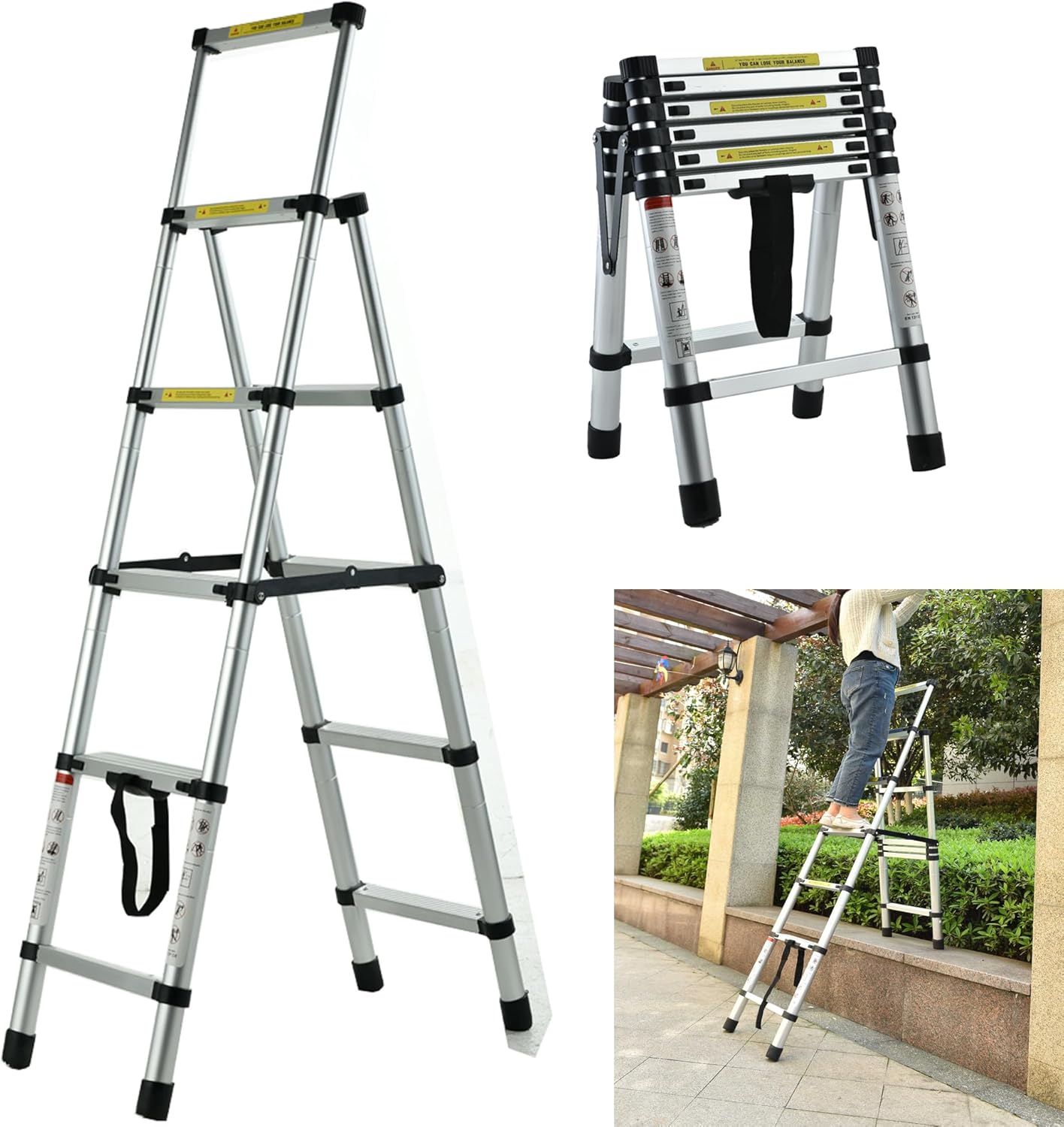 5+6 Steps Ladder, Telescoping Ladder Folding Step Ladder, Aluminum