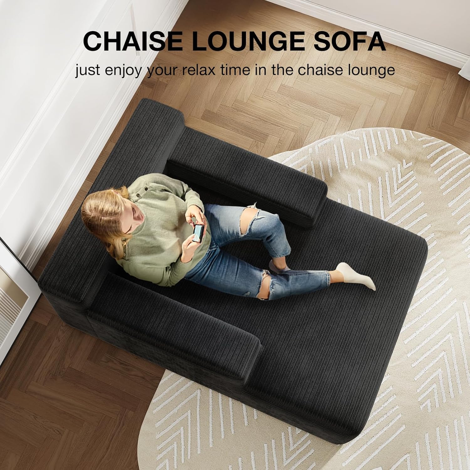 Novilla Oversized Chaise Lounge Indoor, Corduroy Cloud Couch Boneless Chaise Lounge Chair Indoor Deep Seat Reading Chair, 66‘’L x 46‘’W Boneless Couches for Living Room, No Assembly Required, Black