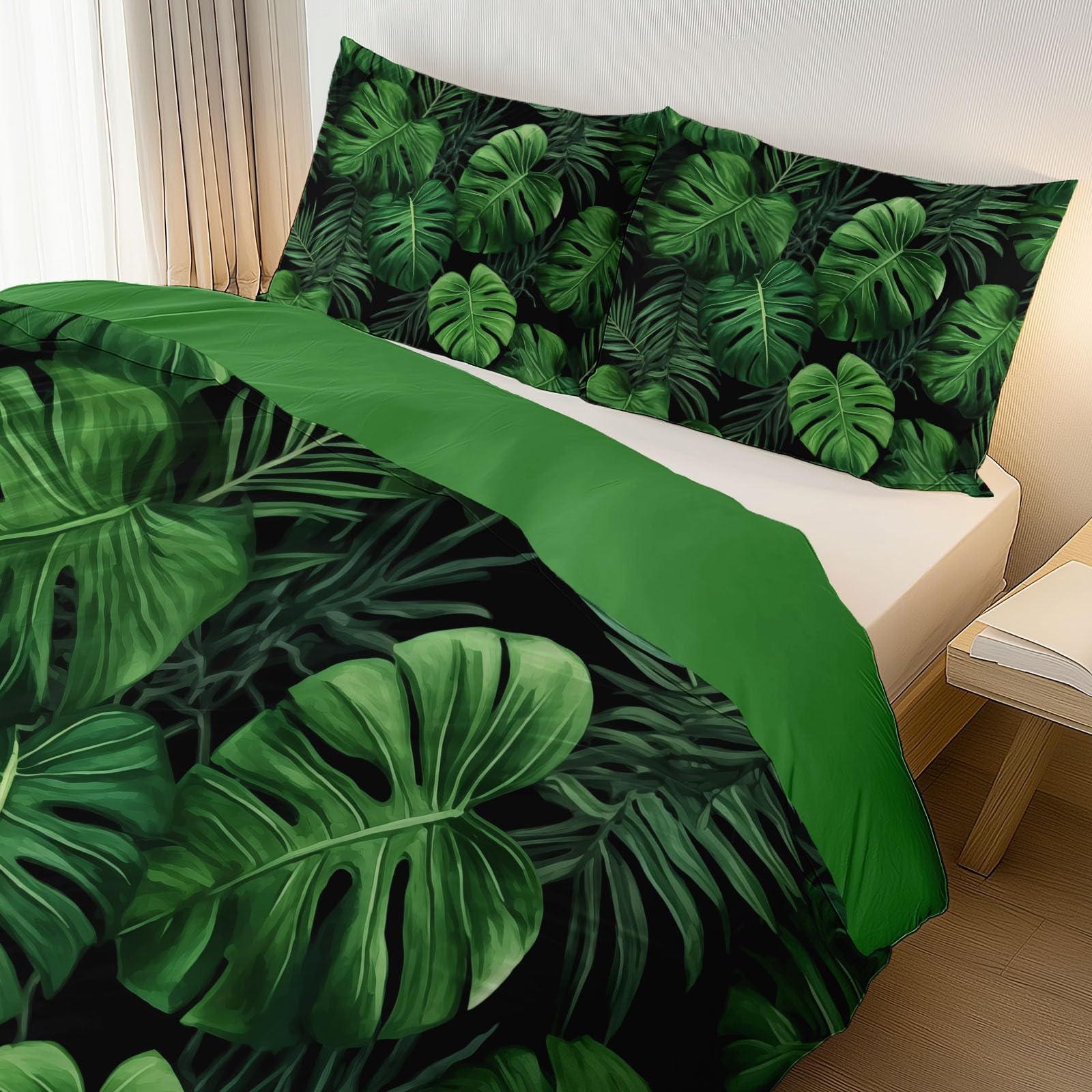 Zestaw pościeli Tropicalplantsmonstera miękki zestaw pościeli ze szczotkowanej mikrofibry poszewka na kołdrę z poszewkami na poduszki 230 x 220 cm prezenty dla mamy sypialnia dekoracja leśna zieleń