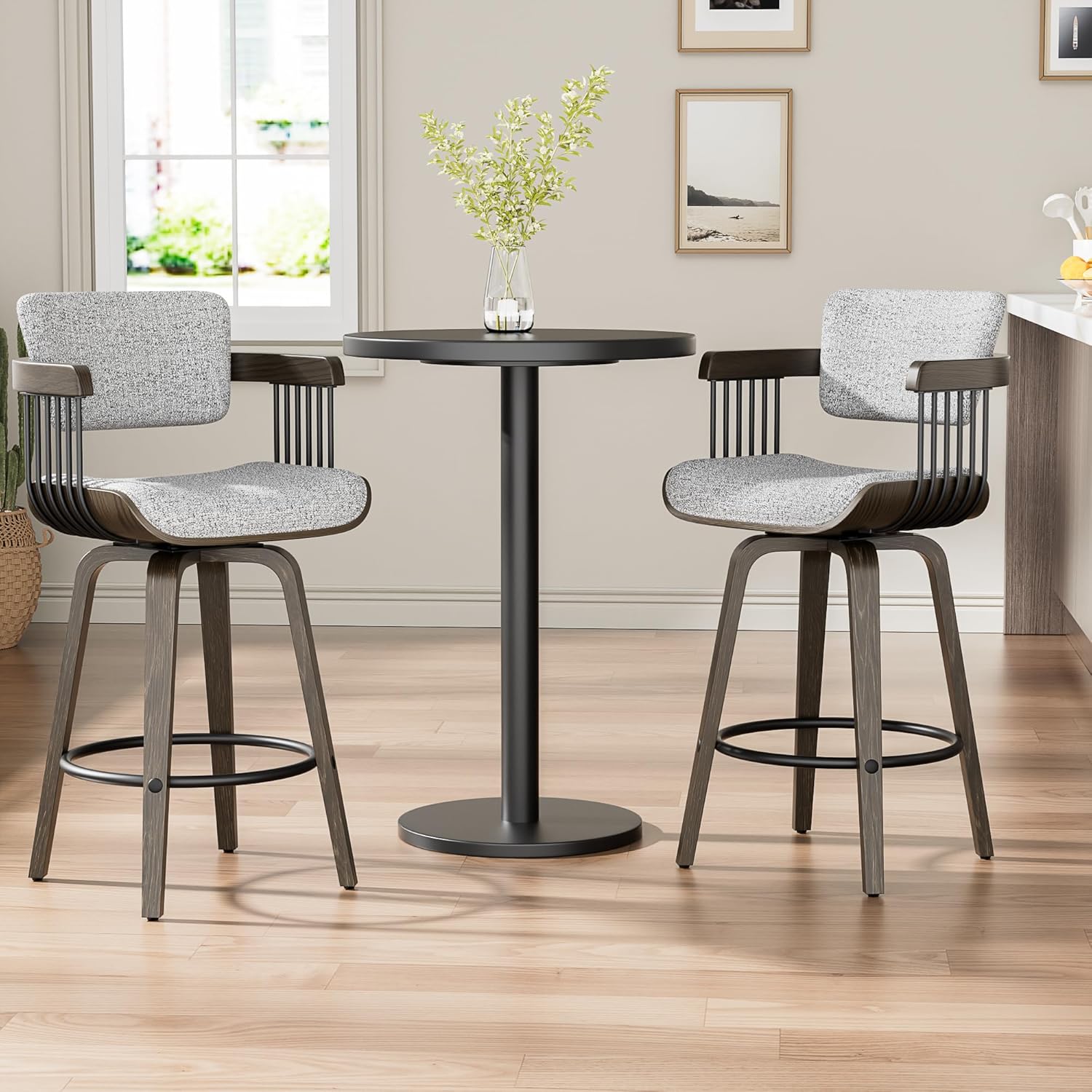 YaFiti Swivel Counter Height Bar Stools Set of 2, 26 Inch Mid Century Modern Bentwood Barstools with Padded Back and Wood Legs, Linen-Weave Fabric Kitchen Island Chairs with Arms, Light Gray