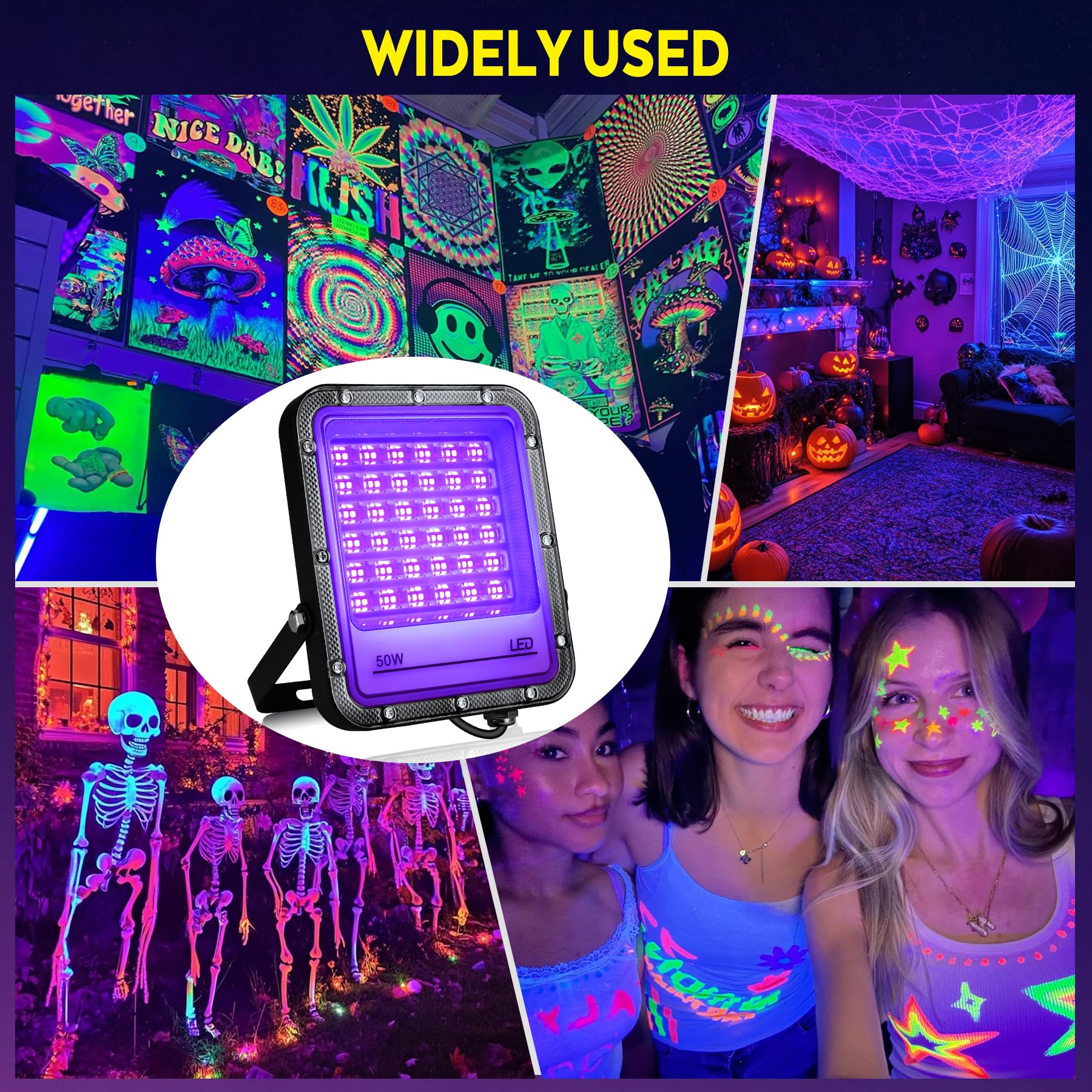 VAYALT 2 Pezzi 50W Luce Nera UV, IP65 Impermeabile Luce UV, 395nm Potente Faro UV, Faretto UV LED per Festa Glow, Bar, Acquario, Natale, Decorazione di Halloween, Pittura, Effetti Fluorescenti