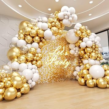 134pcs White and Gold Balloon Arch Kit, Metallic Gold and White Balloons with Gold Confetti Balloons for Engagements Wedding Baby Shower Anniversary Birthday Party Decorations