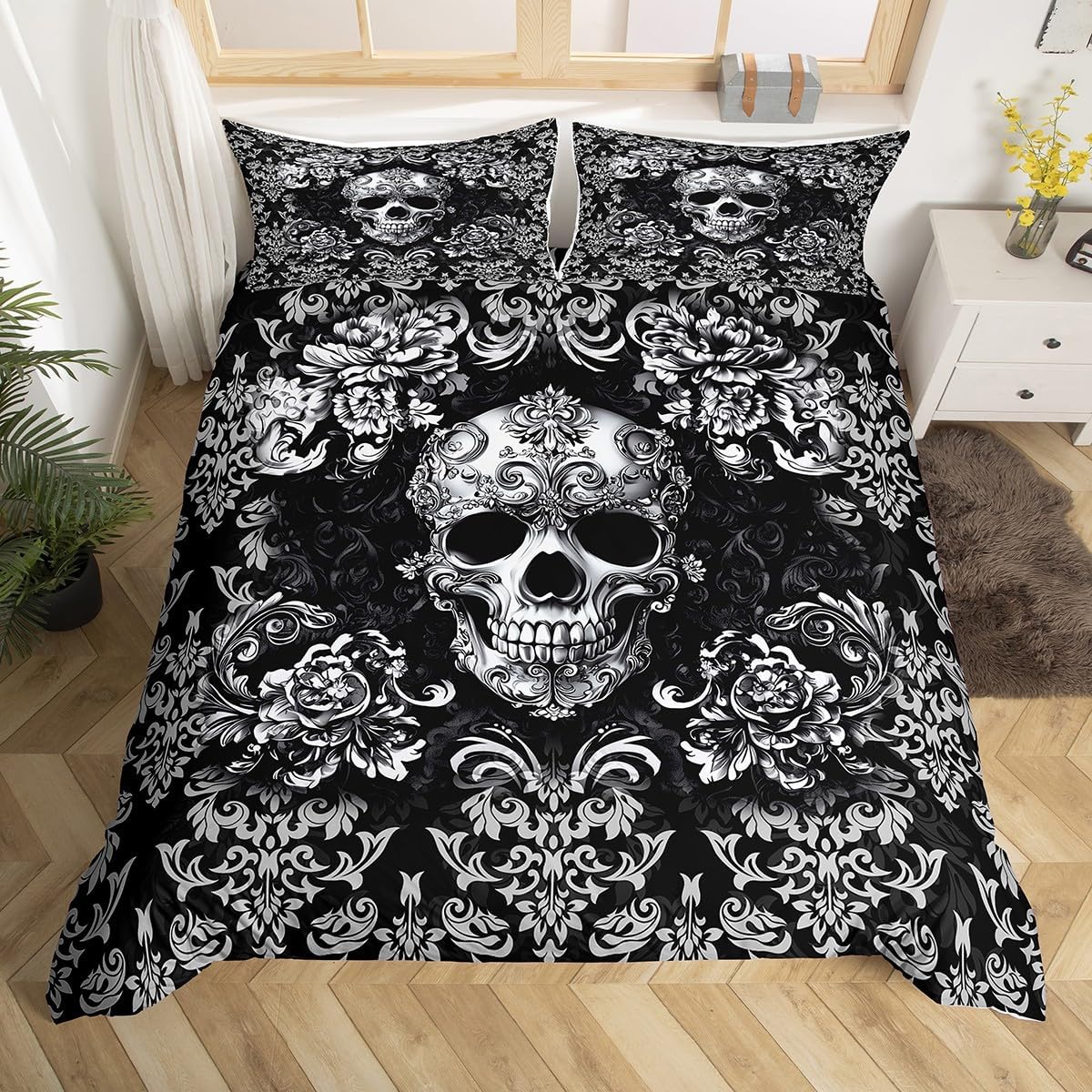 Gothic Skull Duvet Cover Set King Size,Halloween Flower Skull Bedding Sets for Boys Girls Woman Men Bedroom Decor,Black Grey Vintage Damask Quilt Cover Retro Floral Comforter Cover,2 Pillowcases