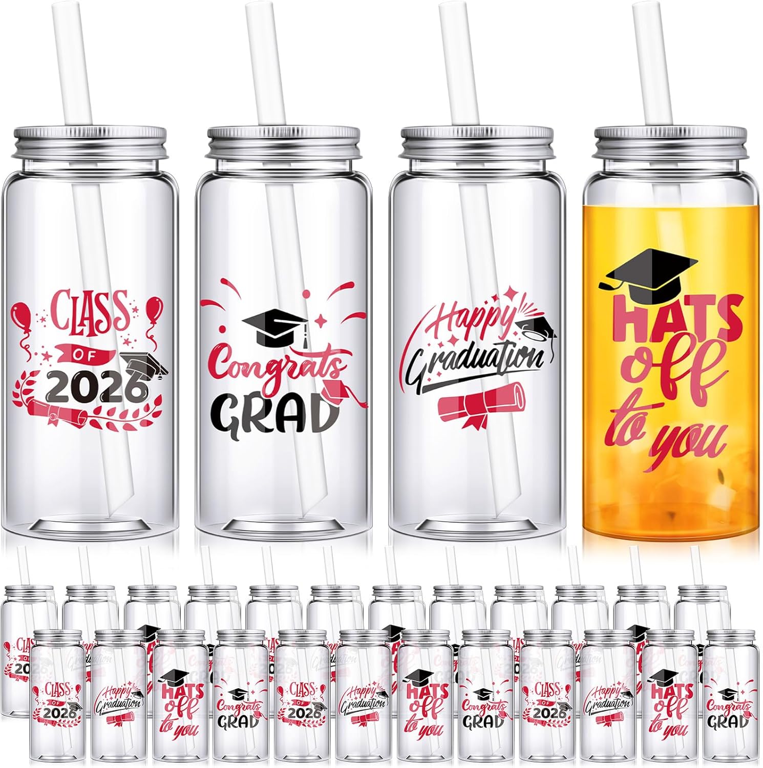 24 Pcs Graduation Cups with Straws Bulk 13.5 oz Class of 2026 Plastic Mason Jars Reusable Tumbler Coffee Tea Hot Cocoa Beverage Happy Graduation Tumbler for Congrats Grad Party Gifts(Black)