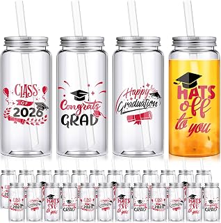 Jingmore 24 Pcs Graduation Cups with Straws Bulk 13.5 oz Class of 2026 Plastic Mason Jars Reusable Tumbler Coffee Tea Hot Cocoa Beverage Happy Graduation Tumbler for Congrats Grad Party Gifts(Red)