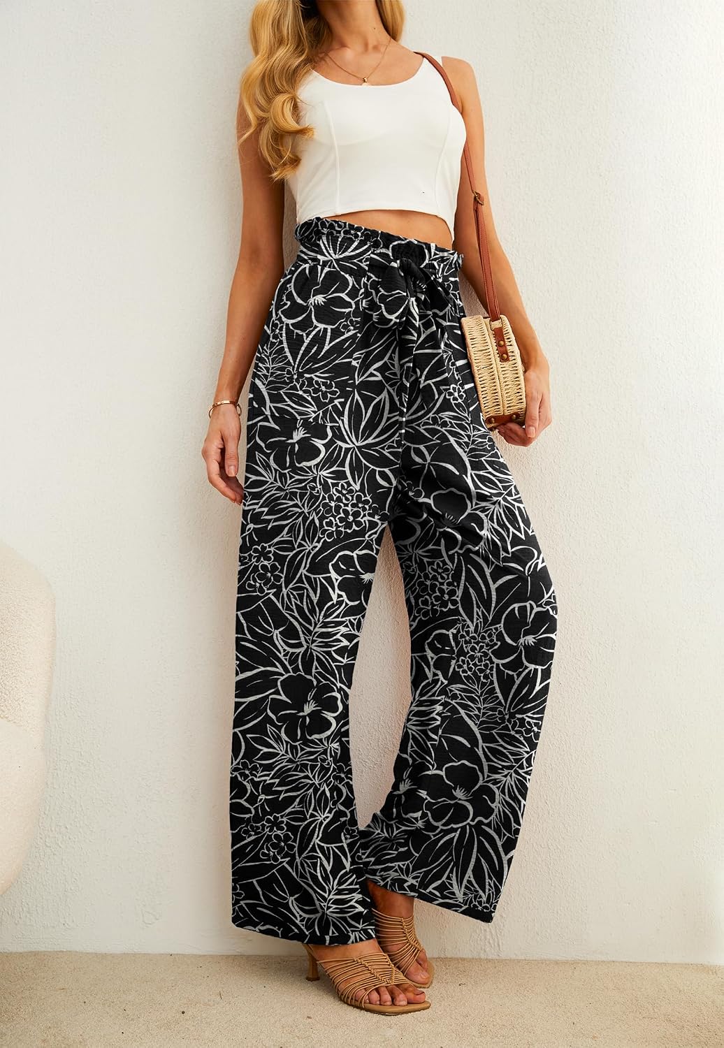  Women High Waist Palazzo Pants, Adjustable Knot Ankle Wide Leg Trousers Pockets Beach Vacation Lounge Office thumbnail
